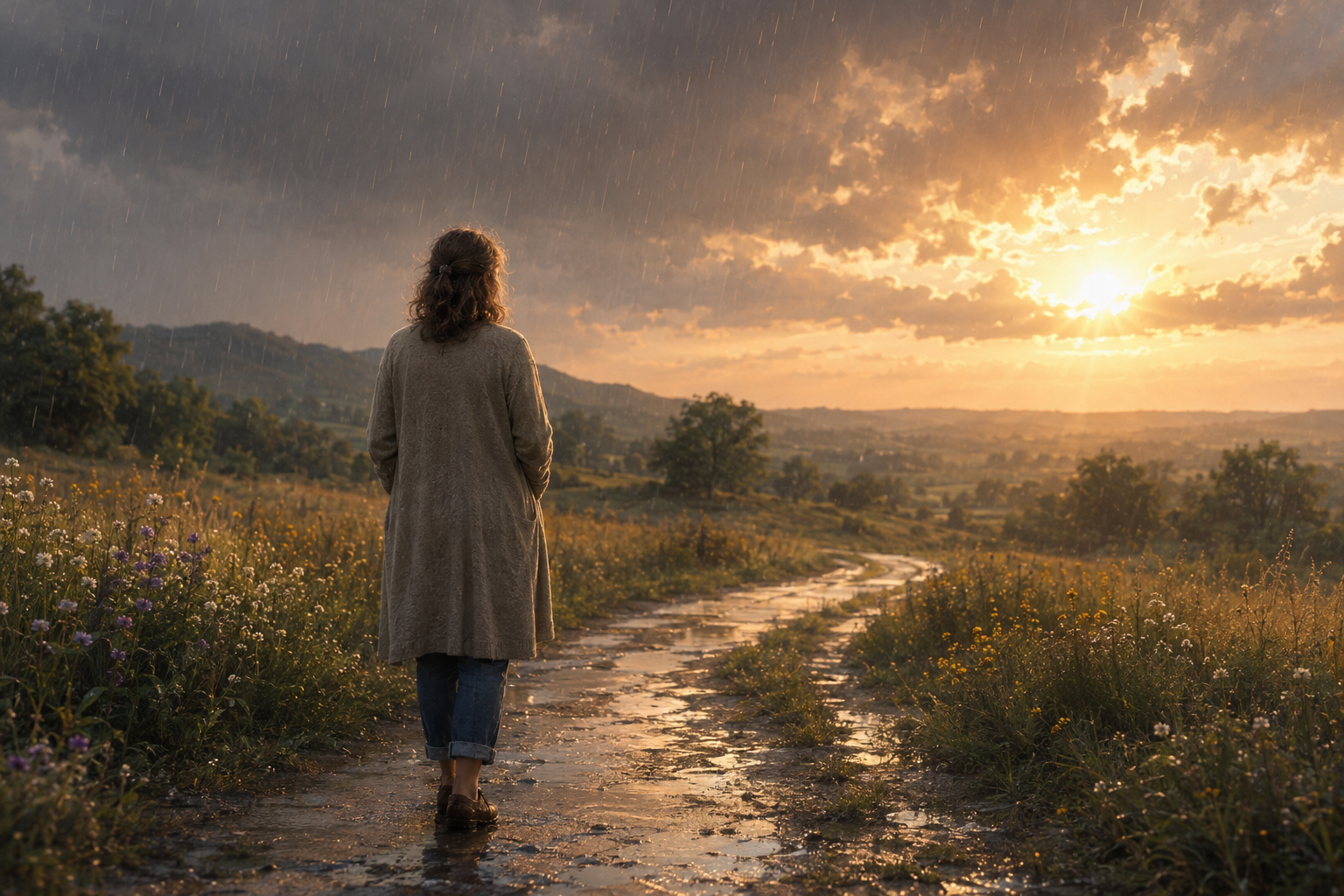 雨と夕日が同居する道を歩く架空の女性の後ろ姿