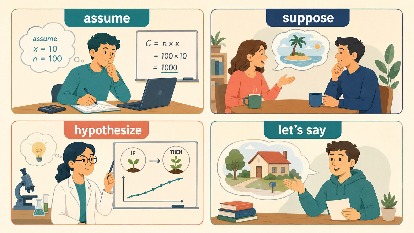 仮定するを表すassume・suppose・hypothesize・let’s sayの違い