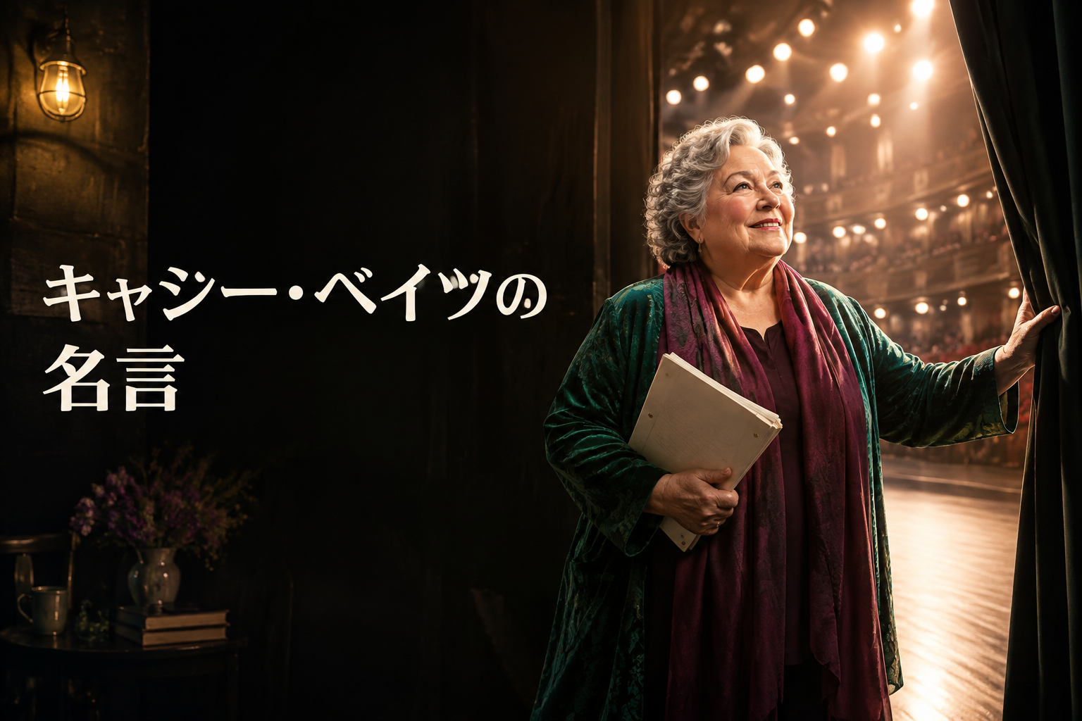 舞台袖から光の中へ進む架空の成熟した女性と「キャシー・ベイツの名言」の文字