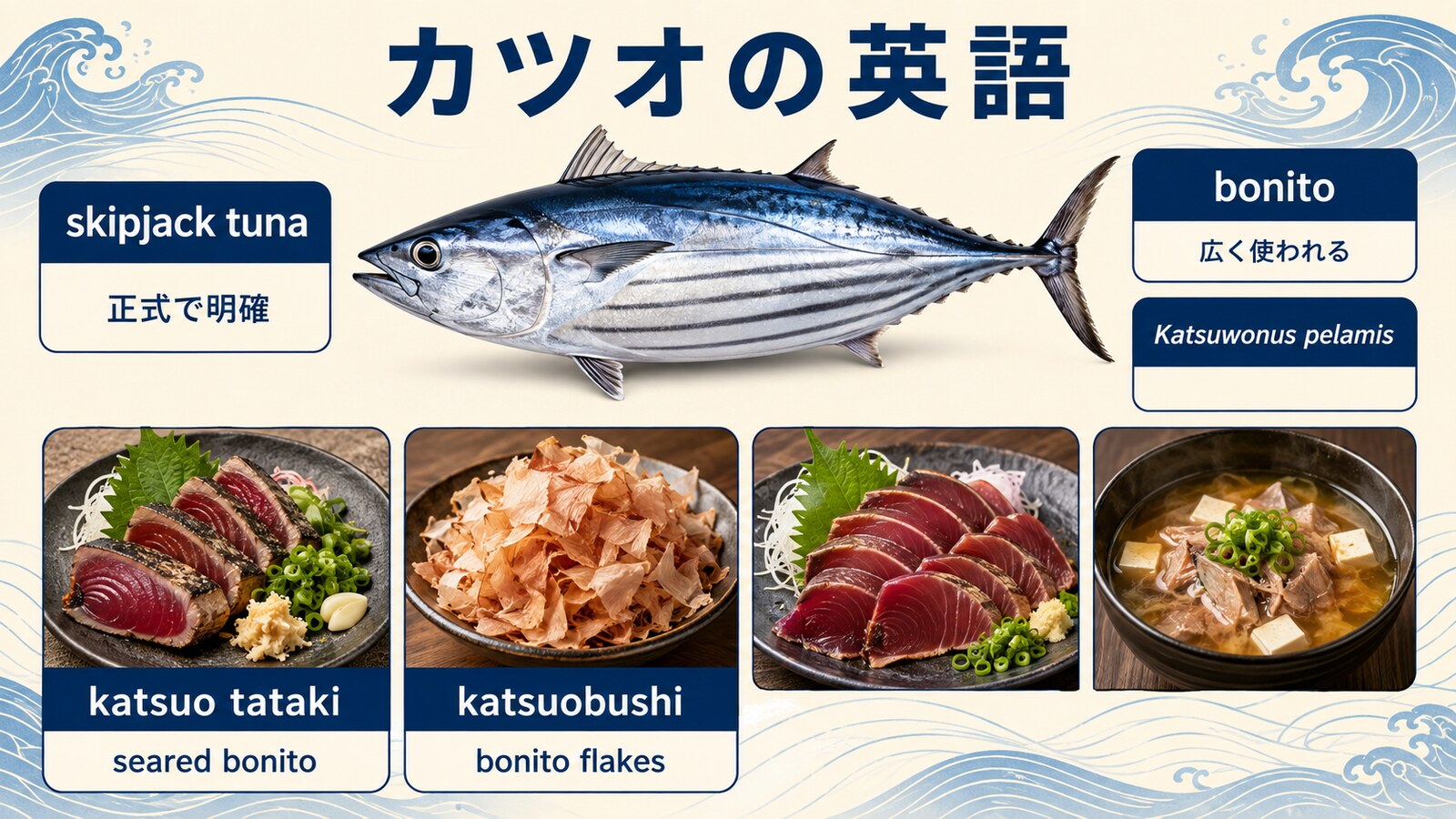 skipjack tuna・bonito・katsuobushi・bonito flakes・鰹のたたきを示す英語図解
