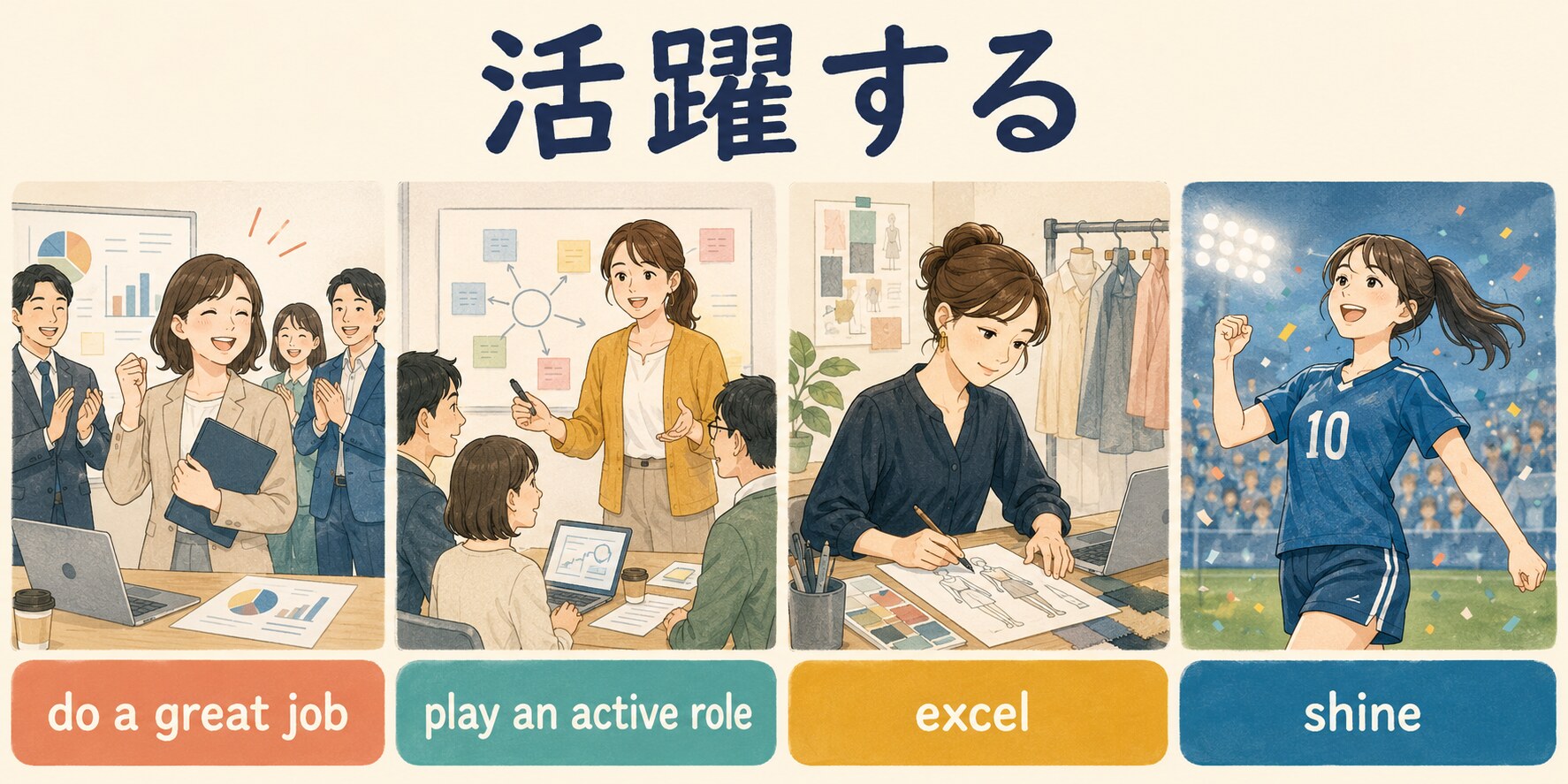 活躍するを表すdo a great job、play an active role、excel、shineの比較