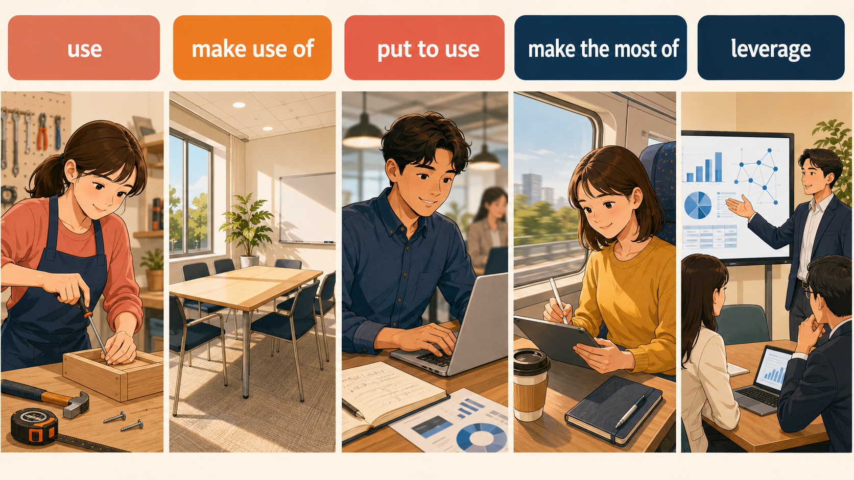 use・make use of・put to use・make the most of・leverageの違いを示す比較イラスト