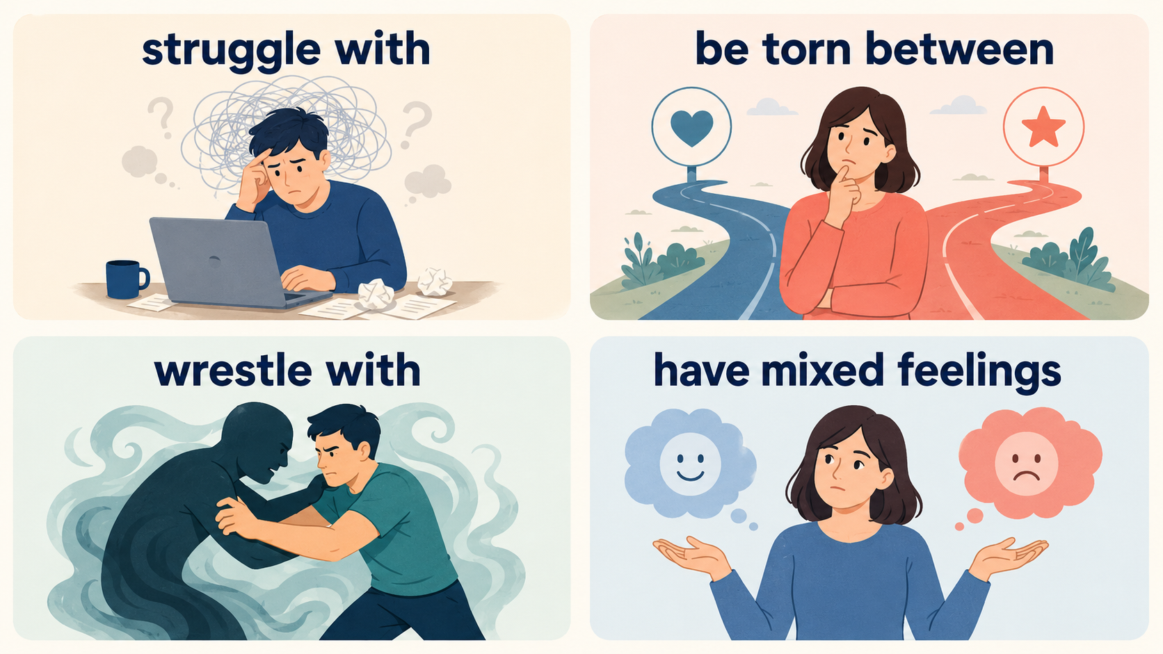 struggle with・be torn between・wrestle with・have mixed feelingsの違いを示す比較イラスト