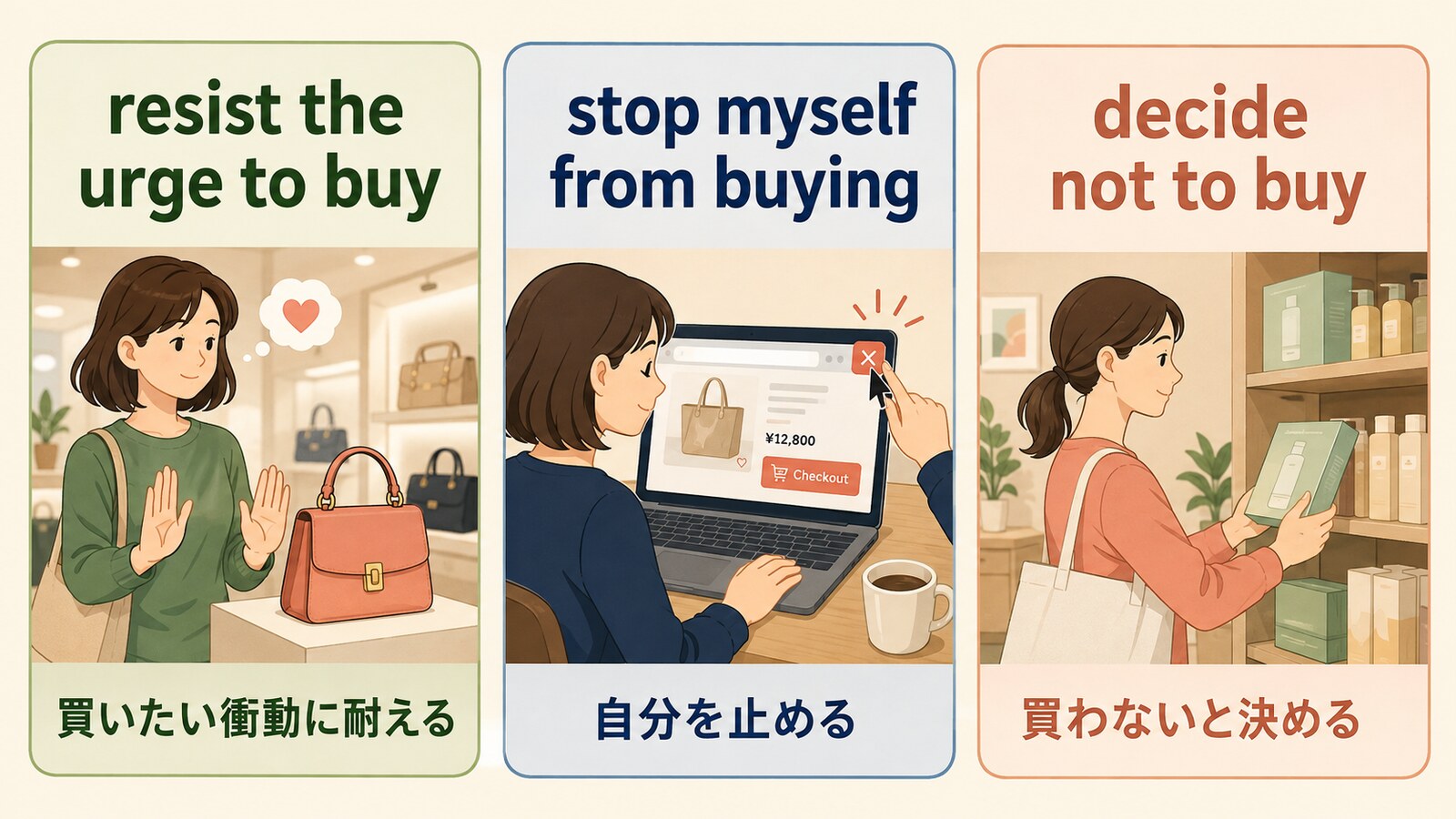 resist the urge to buy・stop myself from buying・decide not to buyの違い