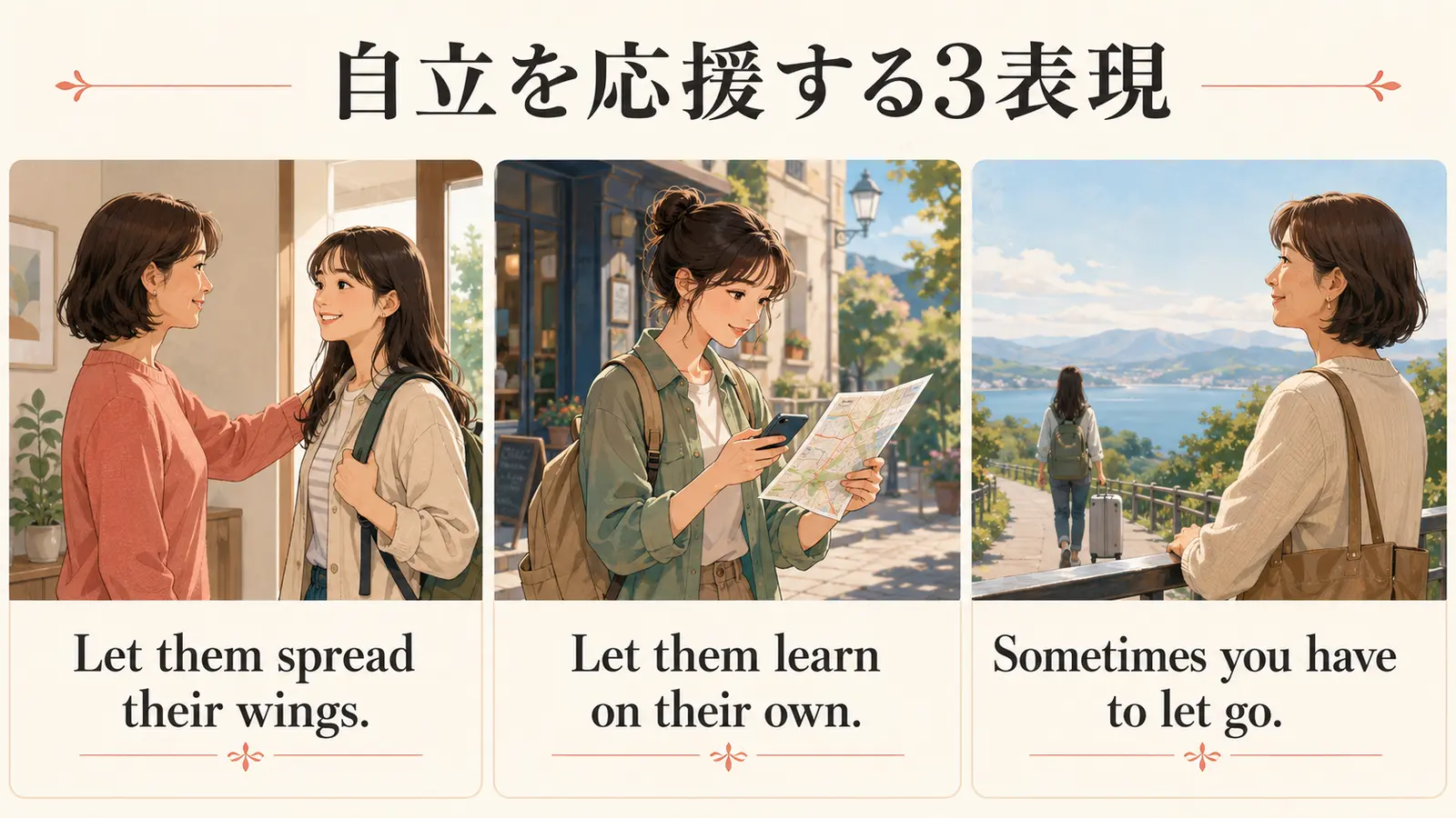 子どもの自立を応援する英語3表現のまとめイラスト