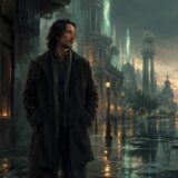 雨上がりの都市で夜明けを見つめる旅人のシネマティックなイラスト