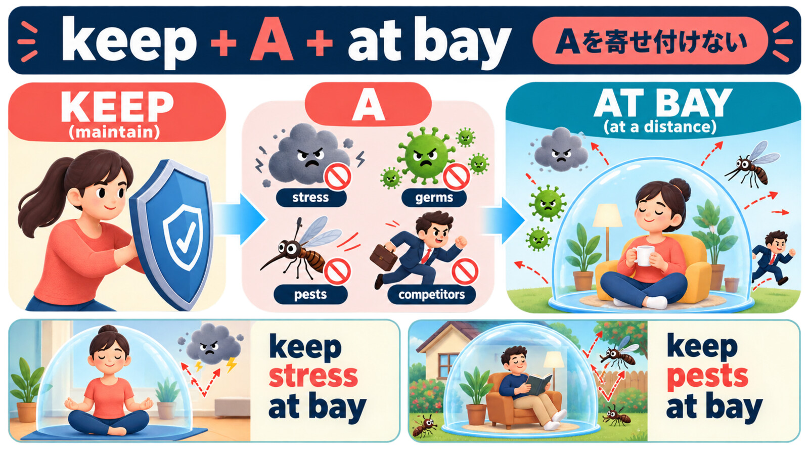 keep A at bayの語順とAを寄せ付けないコアイメージ