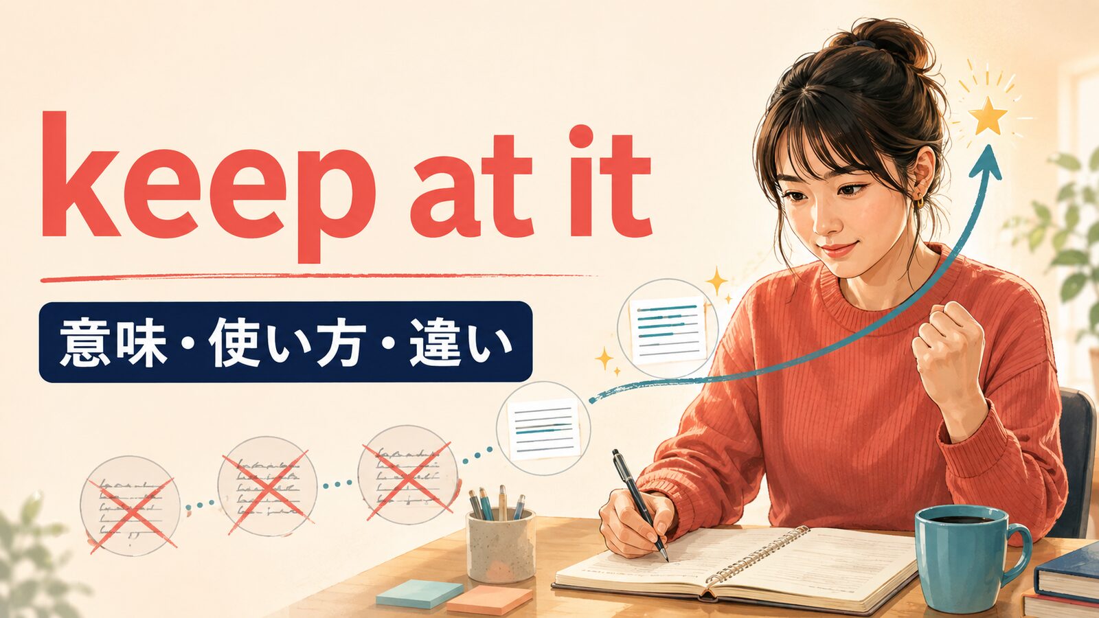 keep at itの意味・使い方・違いを解説するアイキャッチ画像