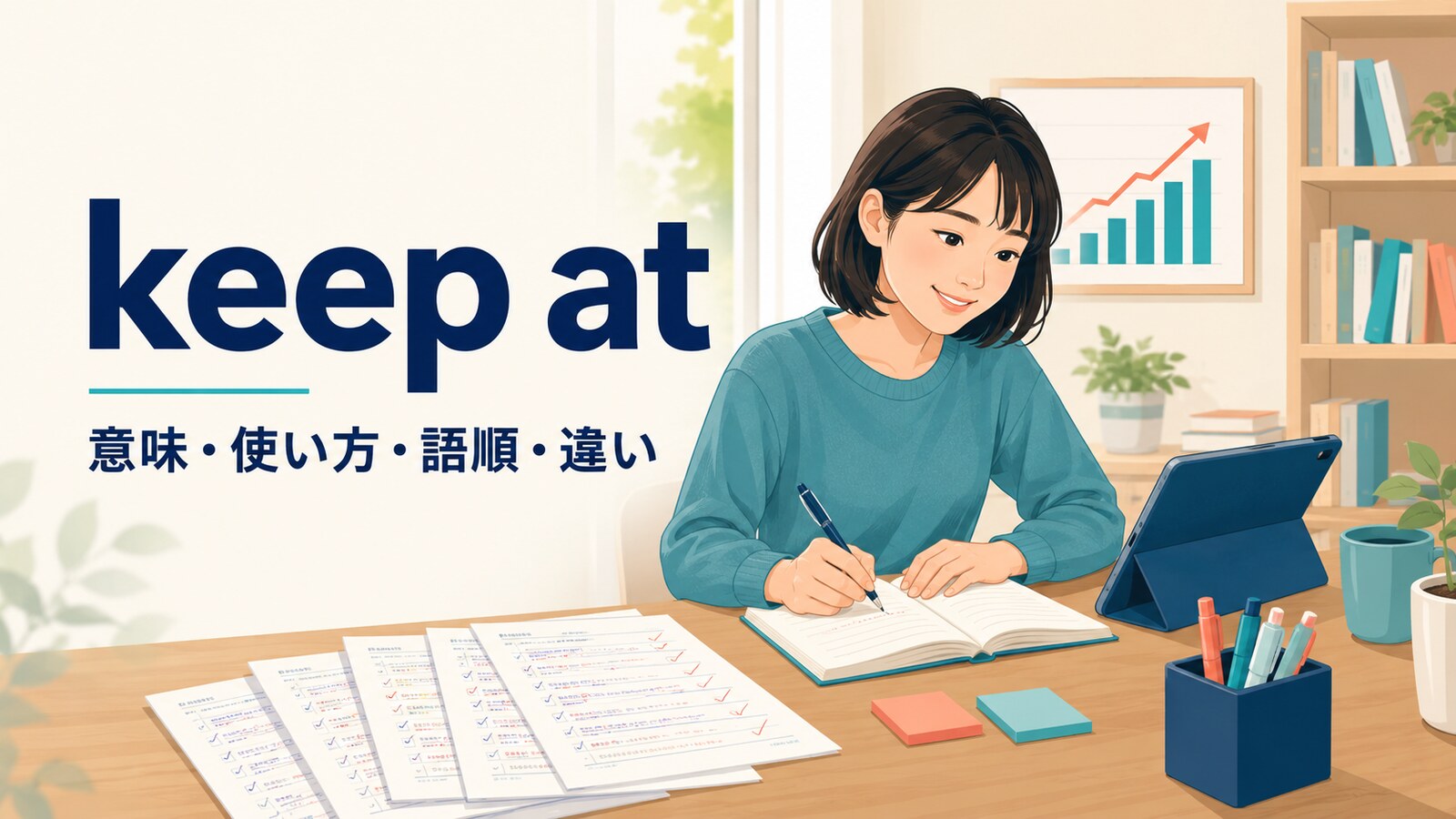 keep atの意味・使い方・語順・違いを示すアイキャッチ画像