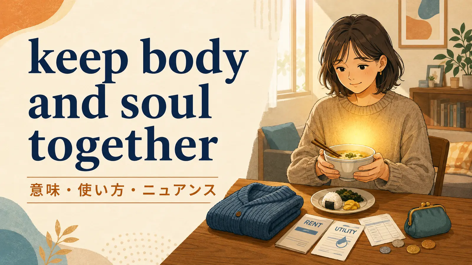keep body and soul togetherの意味・使い方・ニュアンスを解説するアイキャッチ画像