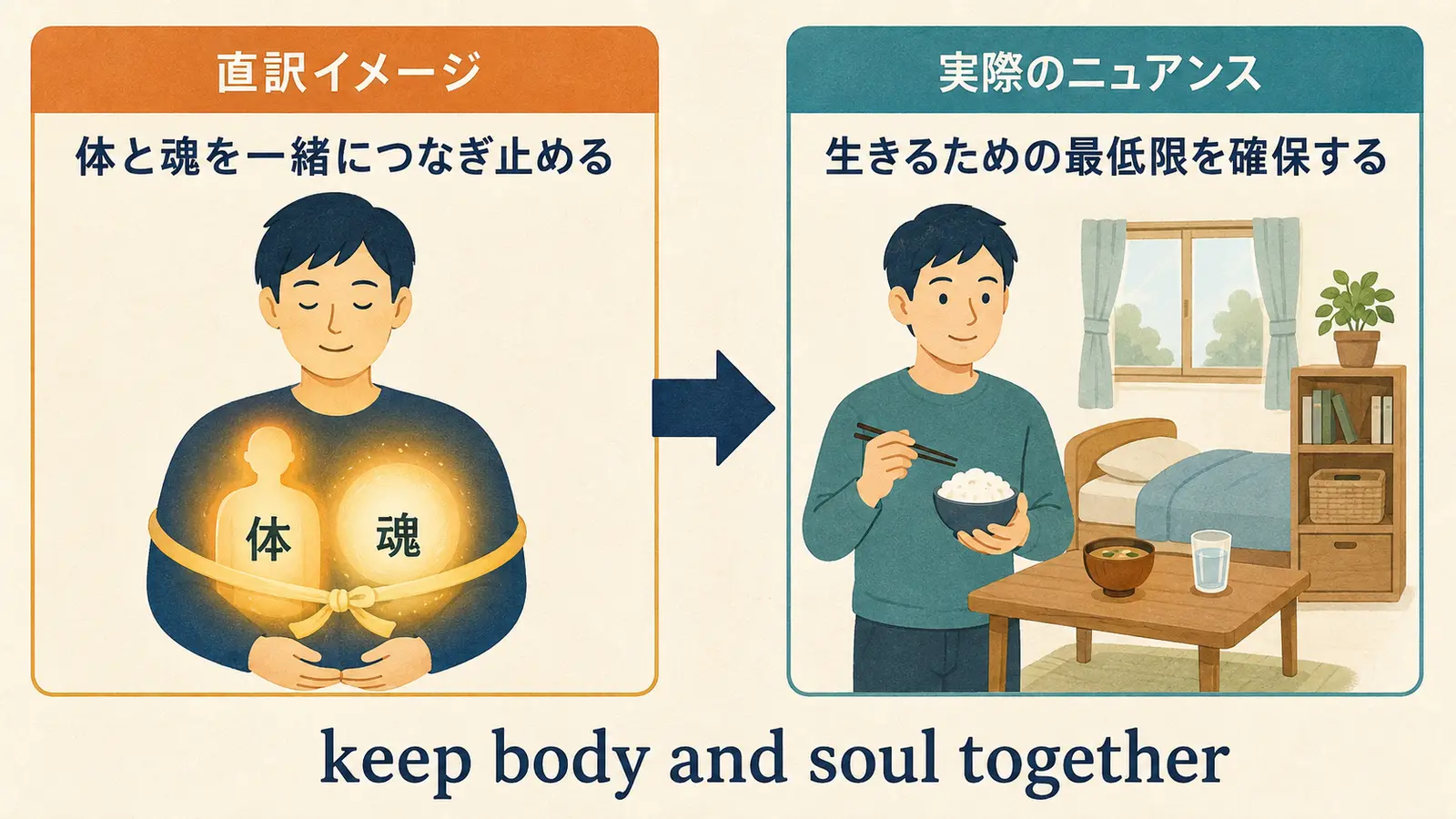 keep body and soul togetherの直訳「体と魂を一緒につなぎ止める」と「生きるための最低限を確保する」の対比