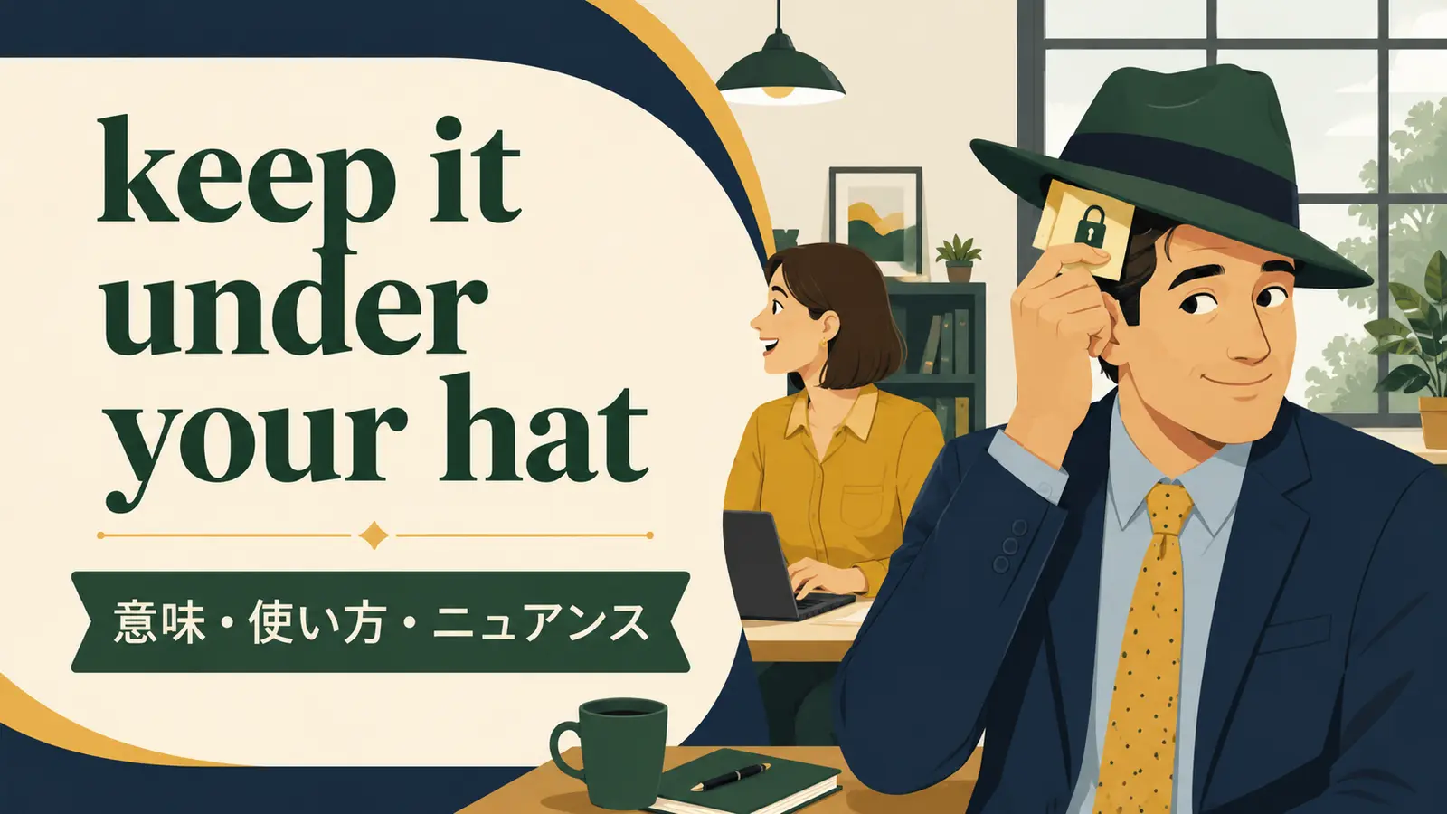 keep it under your hatの意味・使い方・ニュアンスを解説するアイキャッチ画像