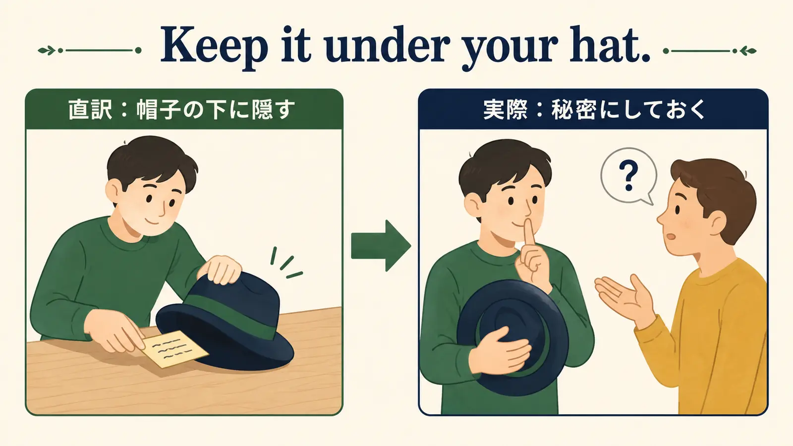 keep it under your hatの直訳「帽子の下に隠す」と実際の意味「秘密にしておく」の比較イラスト