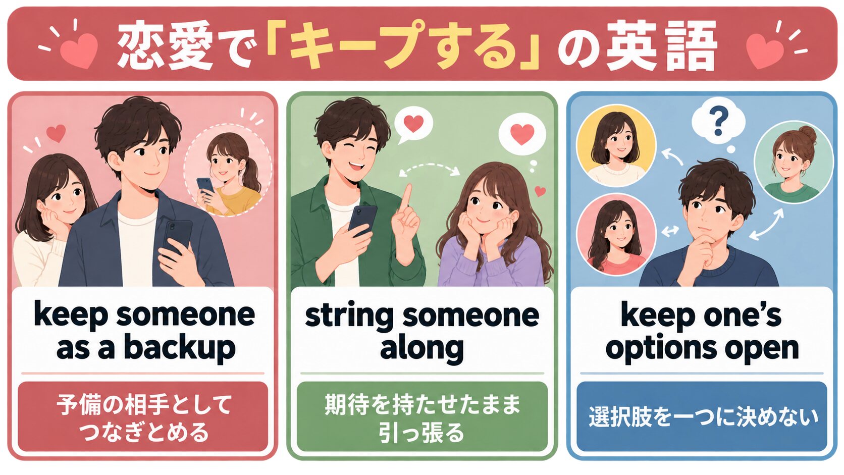 keep someone as a backup、string someone along、keep one's options openの違い