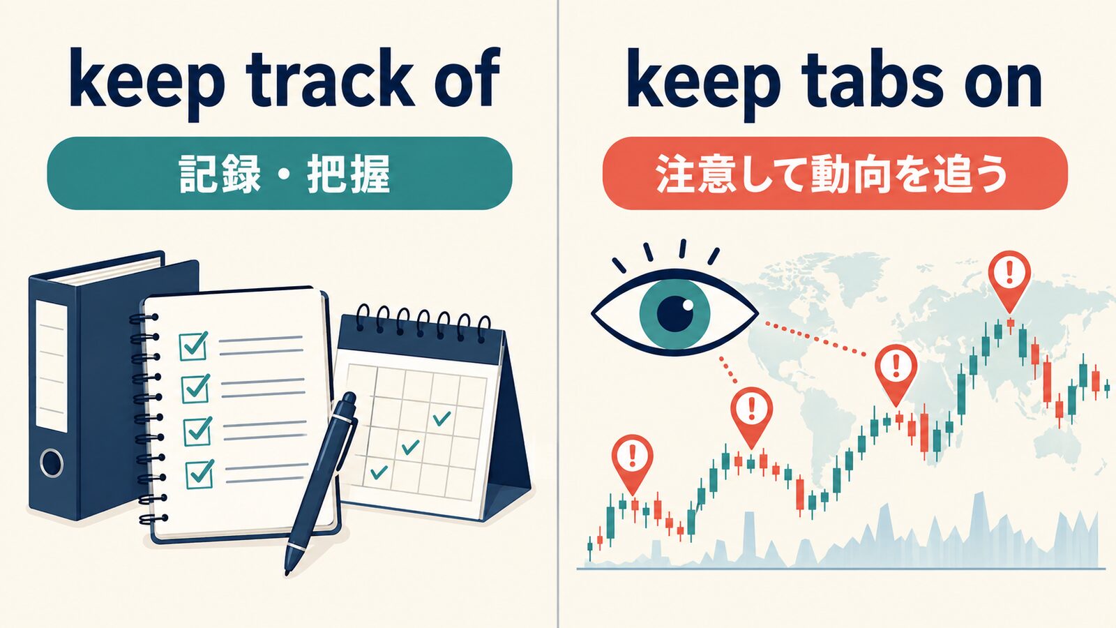 keep track ofとkeep tabs onのニュアンスの違いを示す解説図
