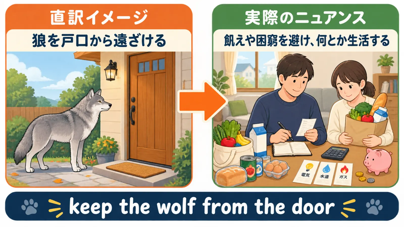 keep the wolf from the doorの直訳「狼を戸口から遠ざける」と「困窮を避けて何とか生活する」の対比
