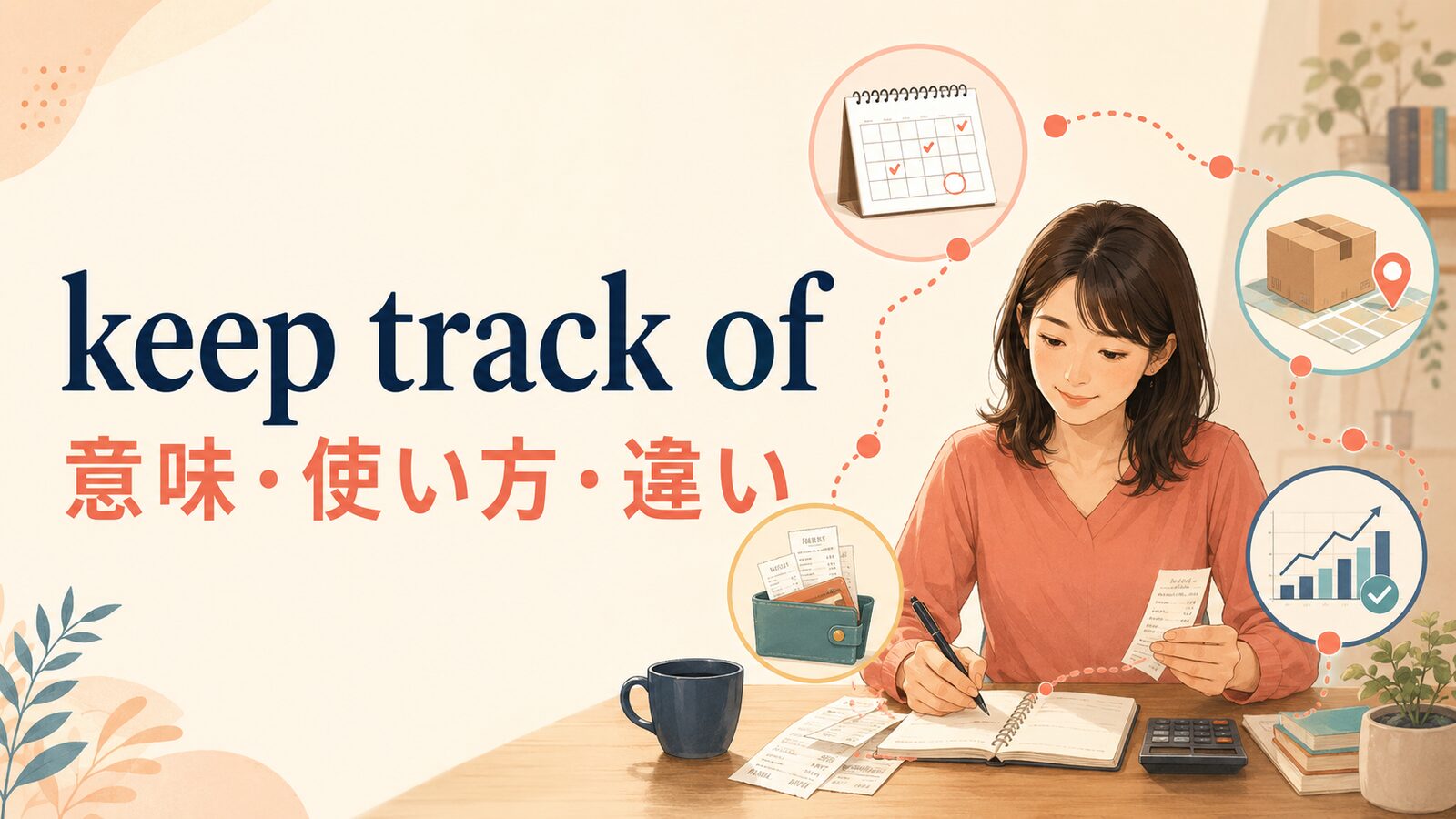 keep track ofの意味・使い方・違いを解説するアイキャッチ画像