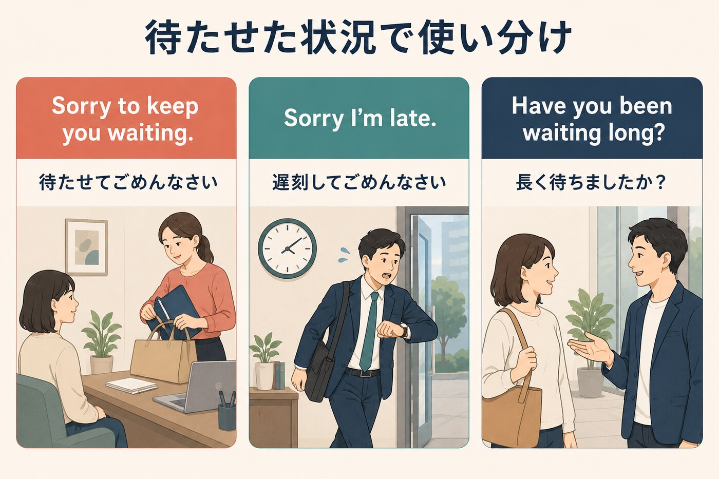 Sorry to keep you waiting、Sorry I’m late、Have you been waiting longの使い分け