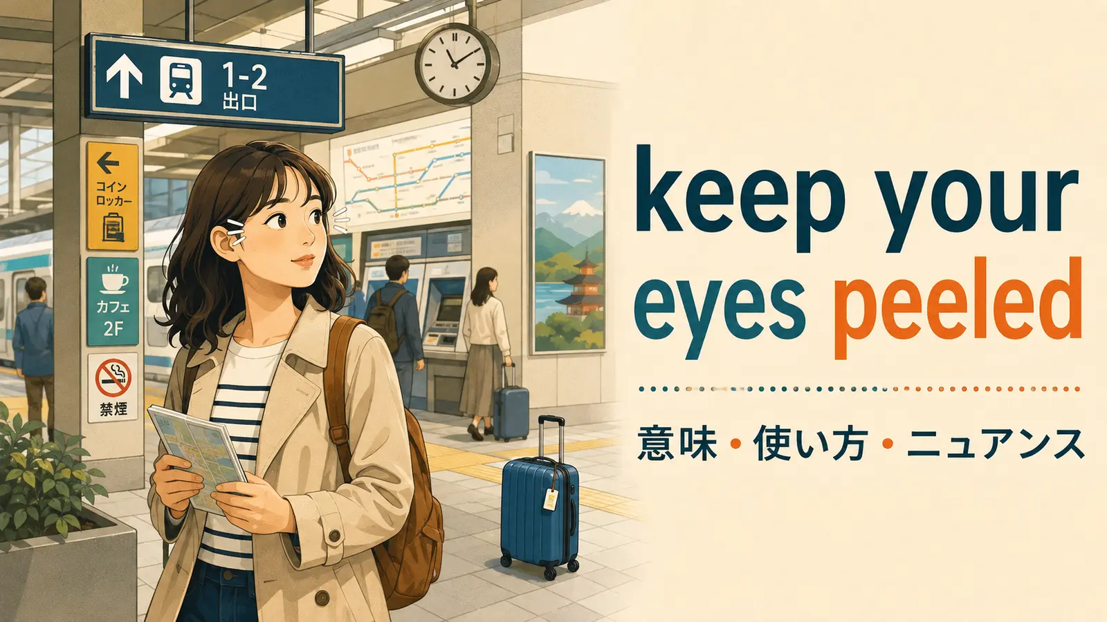 keep your eyes peeledの意味・使い方・ニュアンスを解説するアイキャッチ画像
