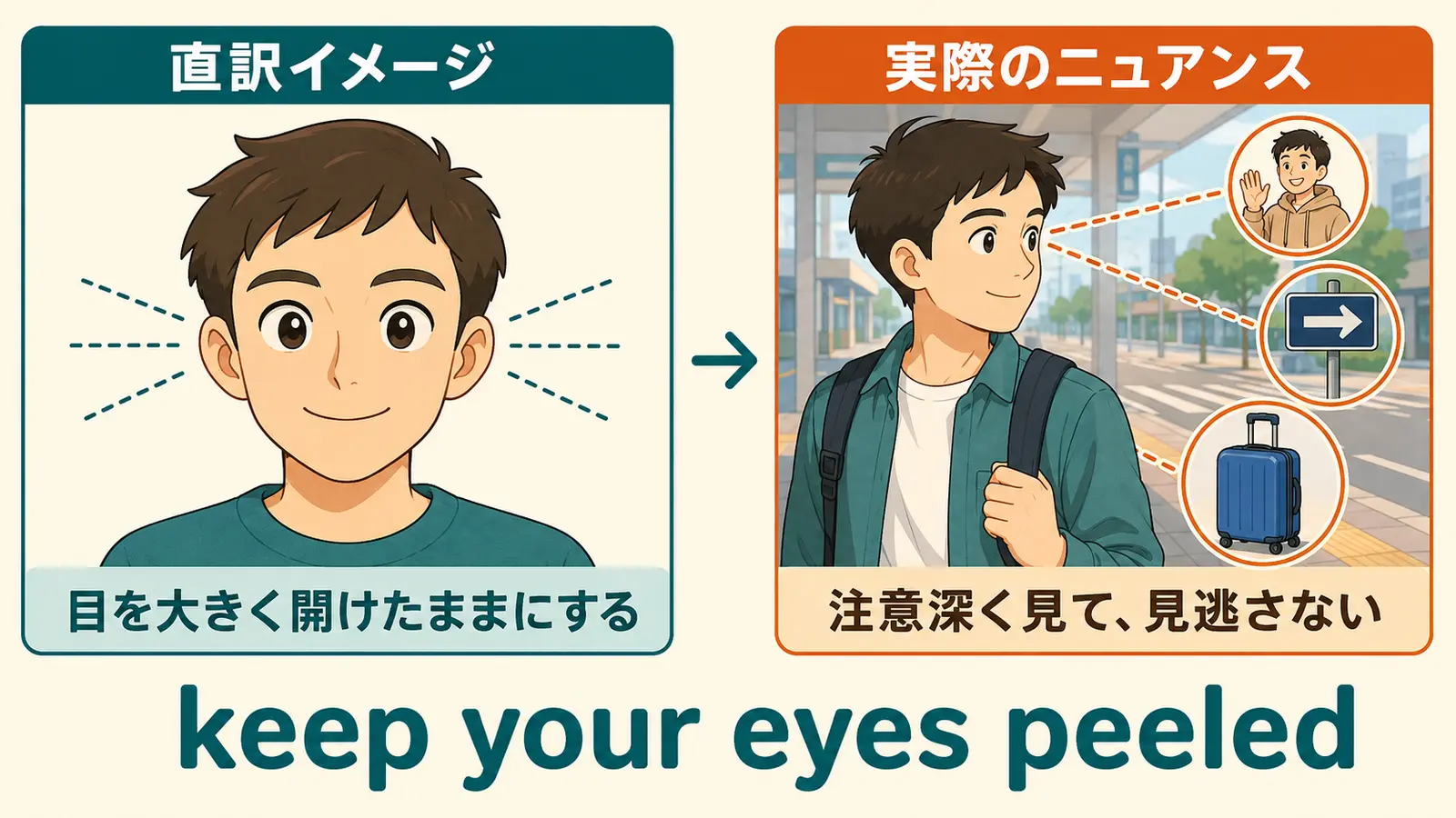 keep your eyes peeledの直訳「目を大きく開けたままにする」と実際のニュアンス「注意深く見て見逃さない」を比較した図