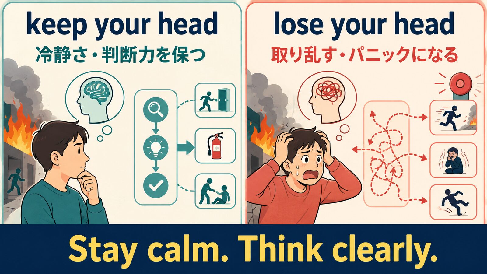 keep your headは冷静さと判断力を保つ、lose your headは取り乱すという違いを示す解説図