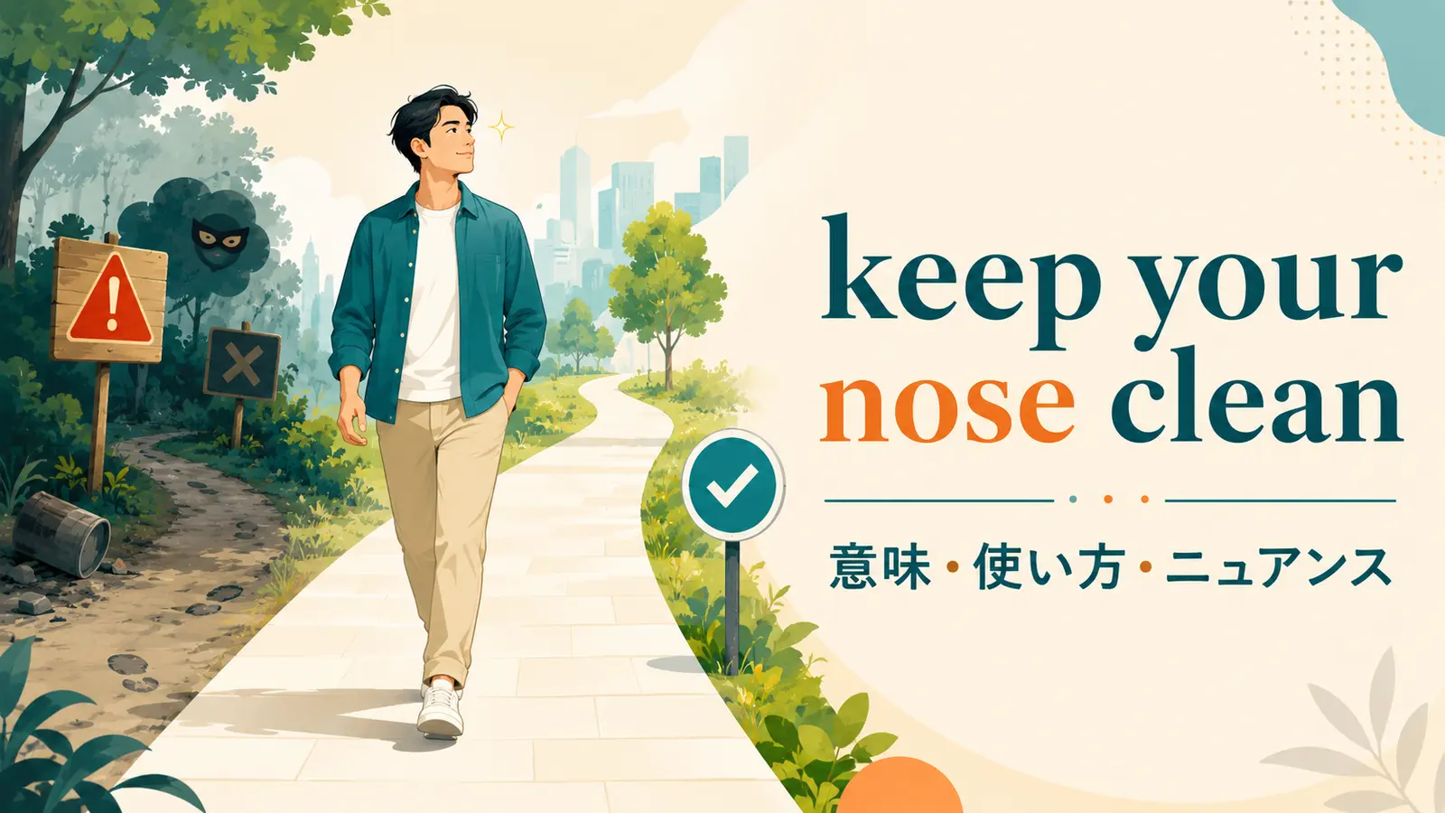 keep your nose cleanの意味・使い方・ニュアンスを解説するアイキャッチ画像