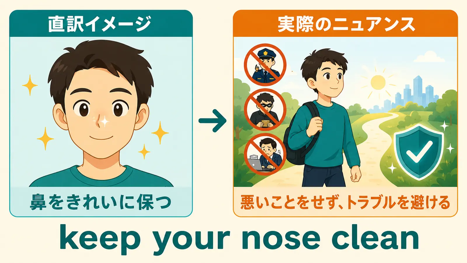 keep your nose cleanの直訳「鼻をきれいに保つ」と実際のニュアンス「悪いことをせずトラブルを避ける」を比較した図