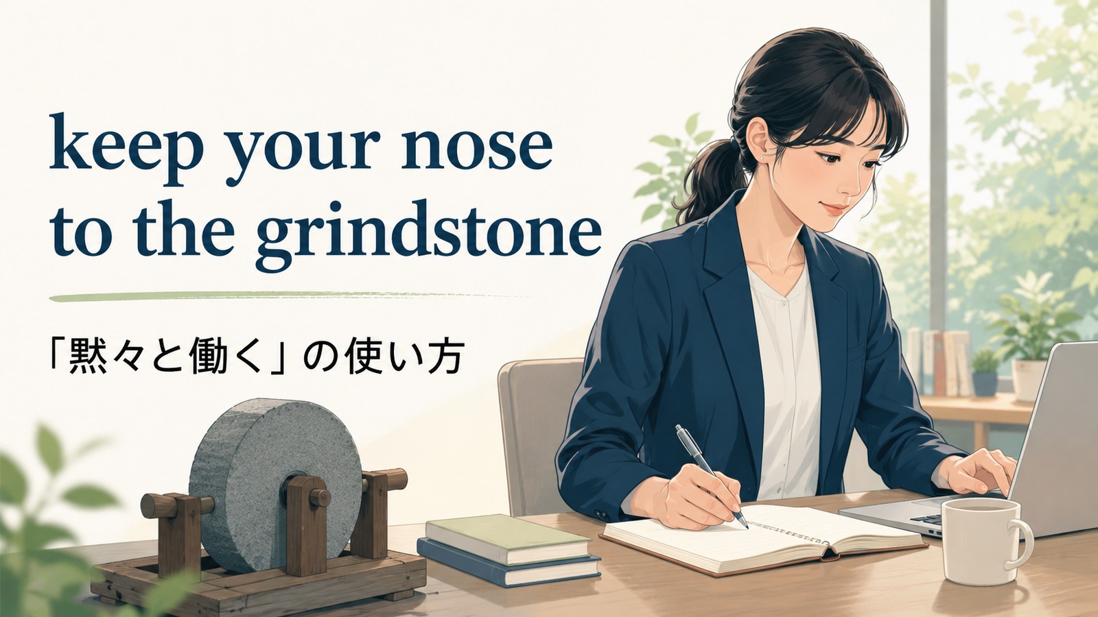 keep your nose to the grindstoneの意味・使い方・例文を解説するアイキャッチ画像
