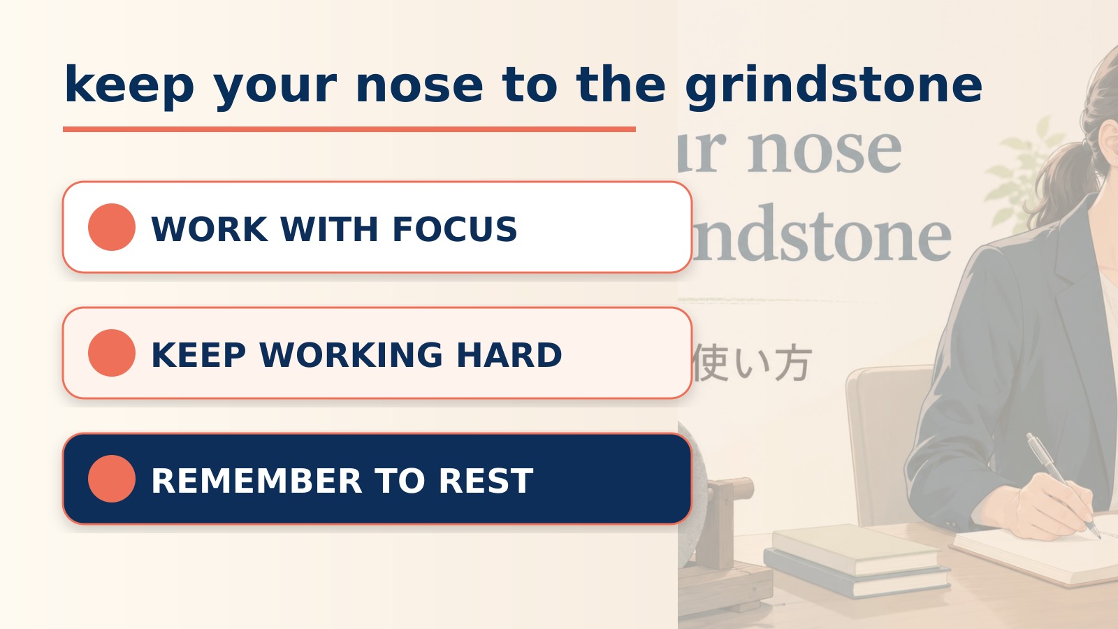 keep your nose to the grindstoneの直訳と実際の意味を比較する本文イラスト