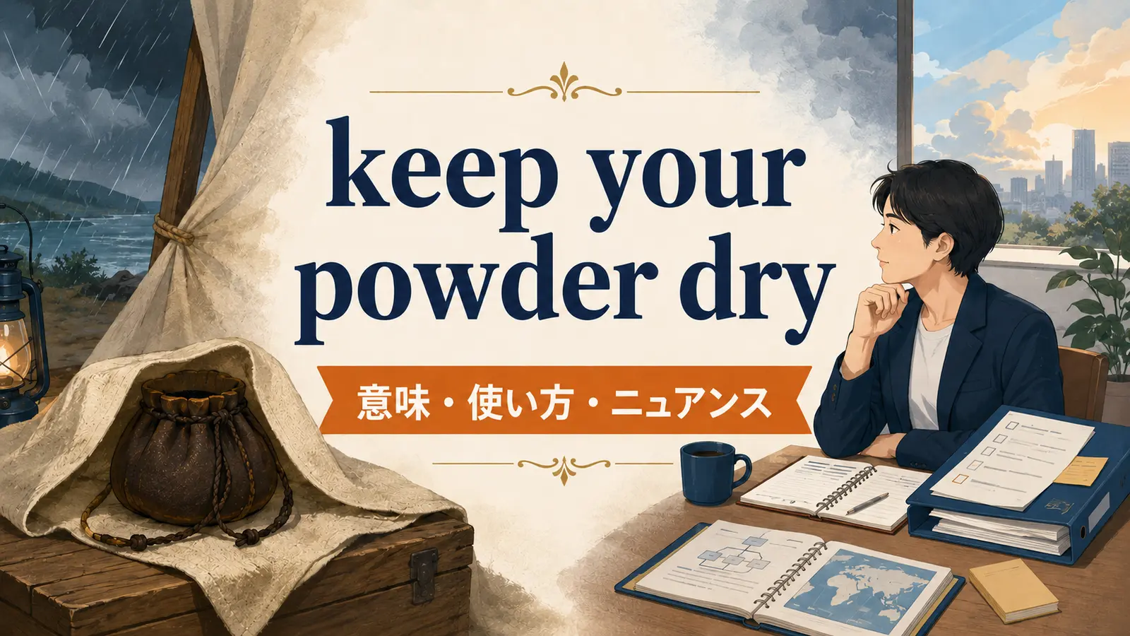 keep your powder dryの意味・使い方・ニュアンスを解説するアイキャッチ画像