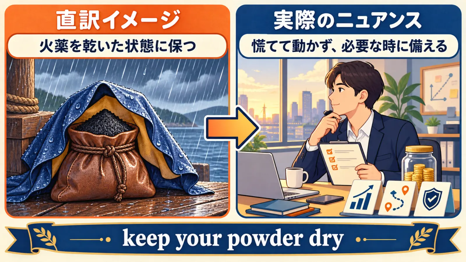keep your powder dryの直訳「火薬を乾いた状態に保つ」と「慌てて動かず必要な時に備える」の対比