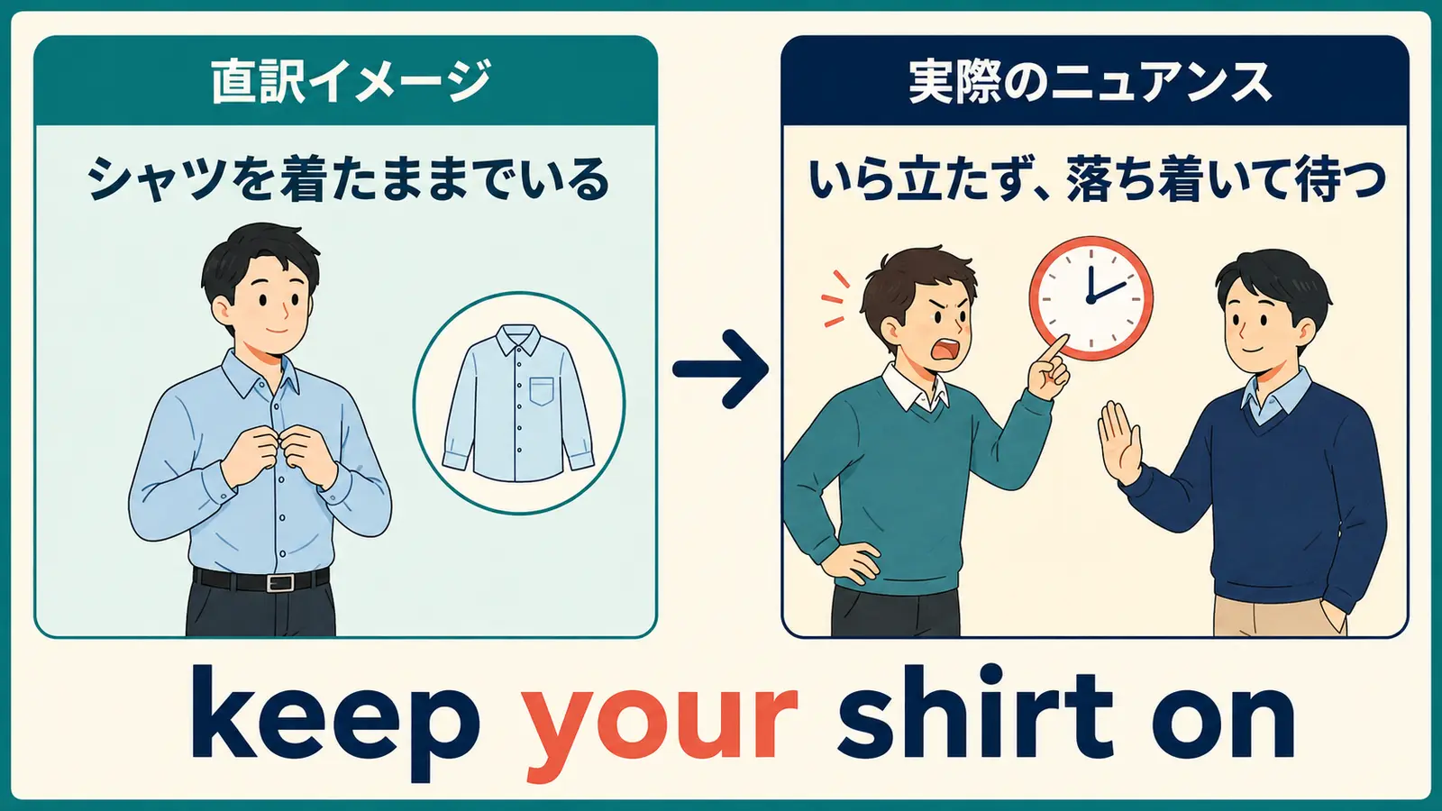 keep your shirt onの直訳「シャツを着たままでいる」と実際のニュアンス「いら立たず落ち着いて待つ」の比較