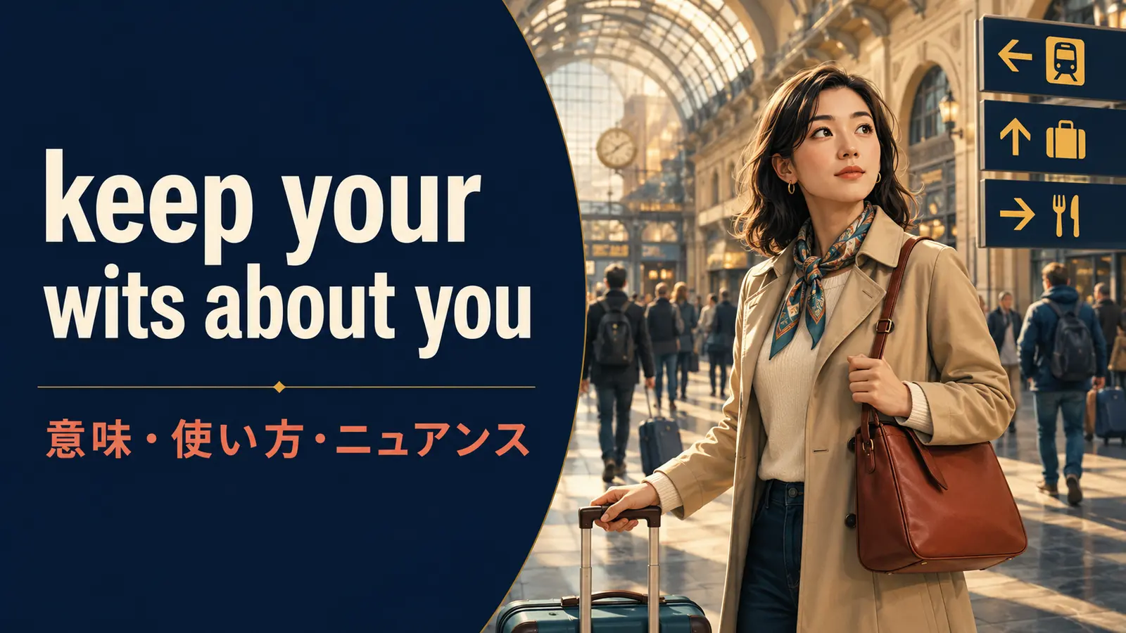 keep your wits about youの意味・使い方・ニュアンスを旅行場面で表したアイキャッチ画像