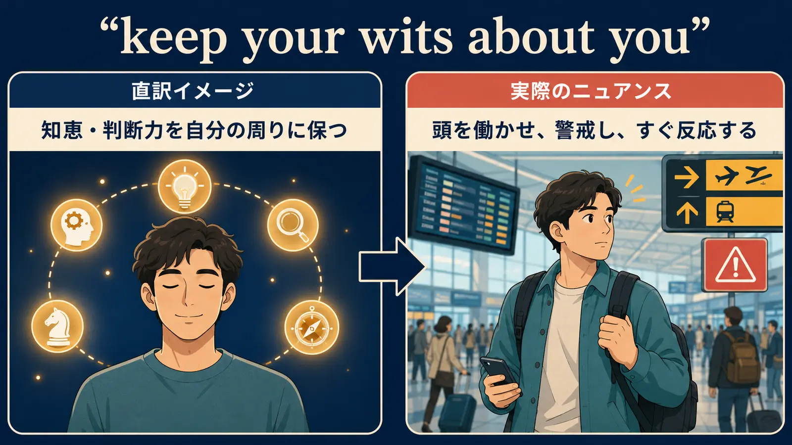 keep your wits about youの直訳イメージと頭を働かせ警戒してすぐ反応するニュアンスの比較