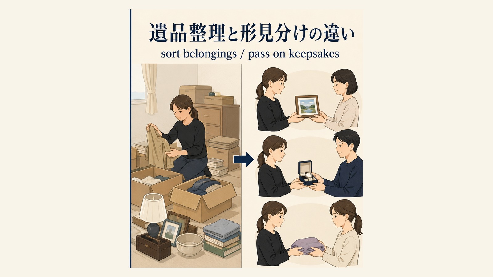 形見分けの英語表現と文化差を説明するイラスト
