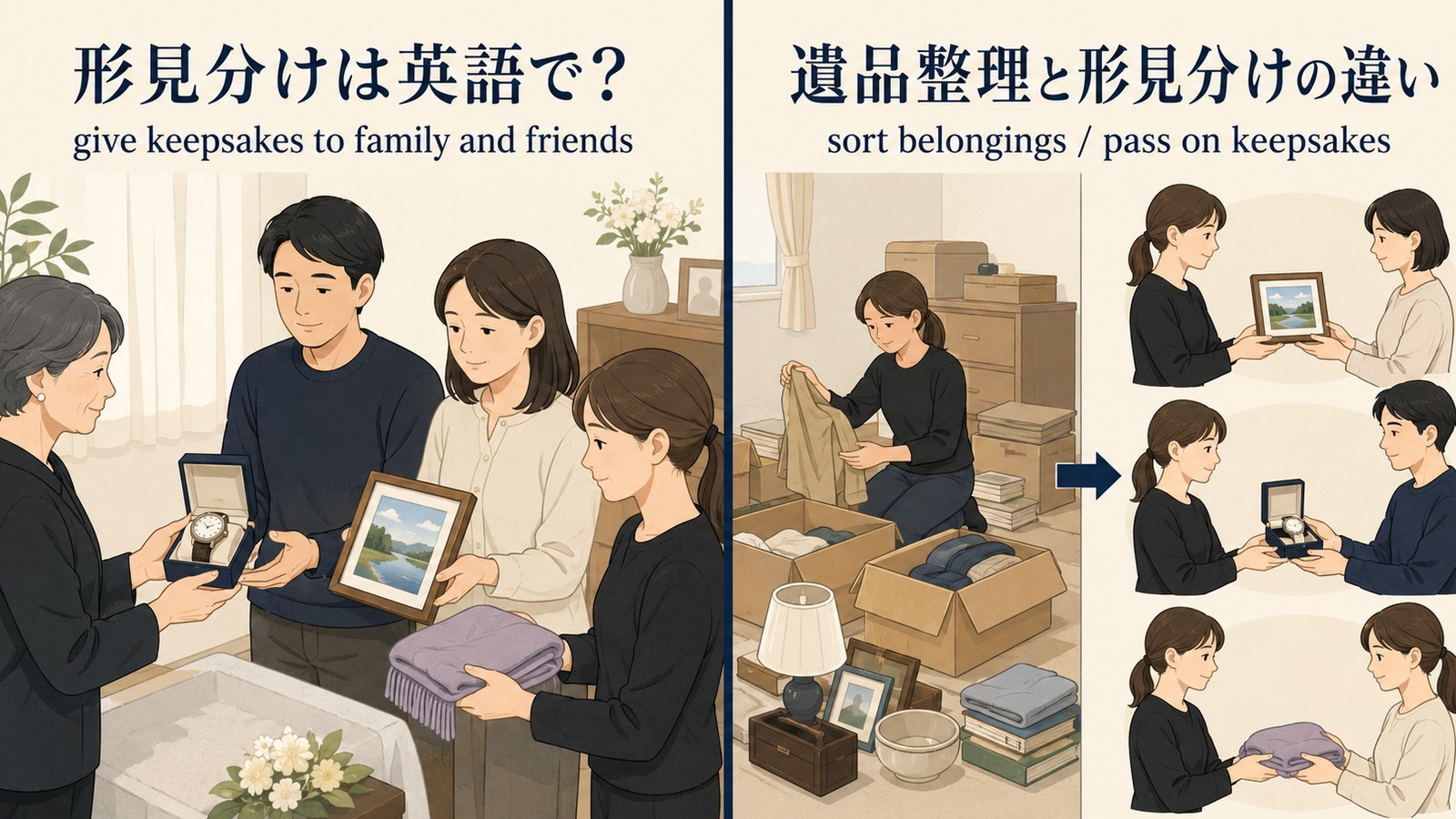 形見分けは英語で? give keepsakes to family and friends