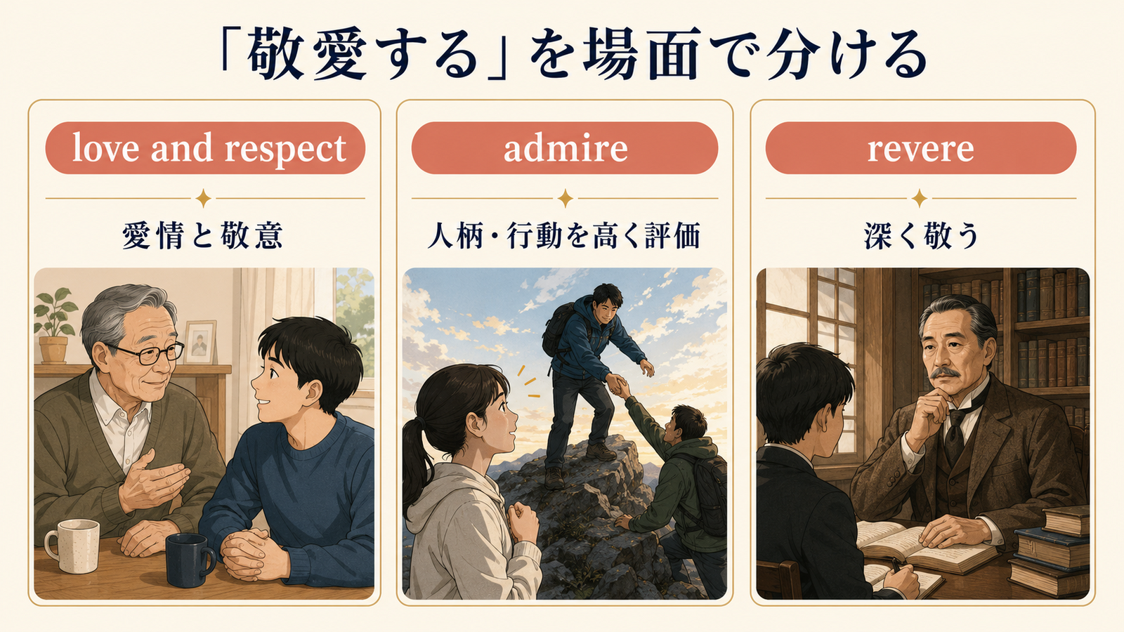 love and respect、admire、revereの使い分けを示す図解