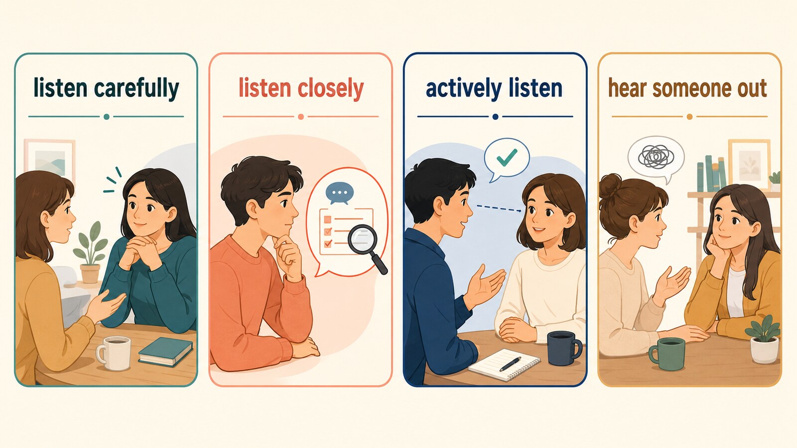 listen carefully、listen closely、actively listen、hear someone outの違い