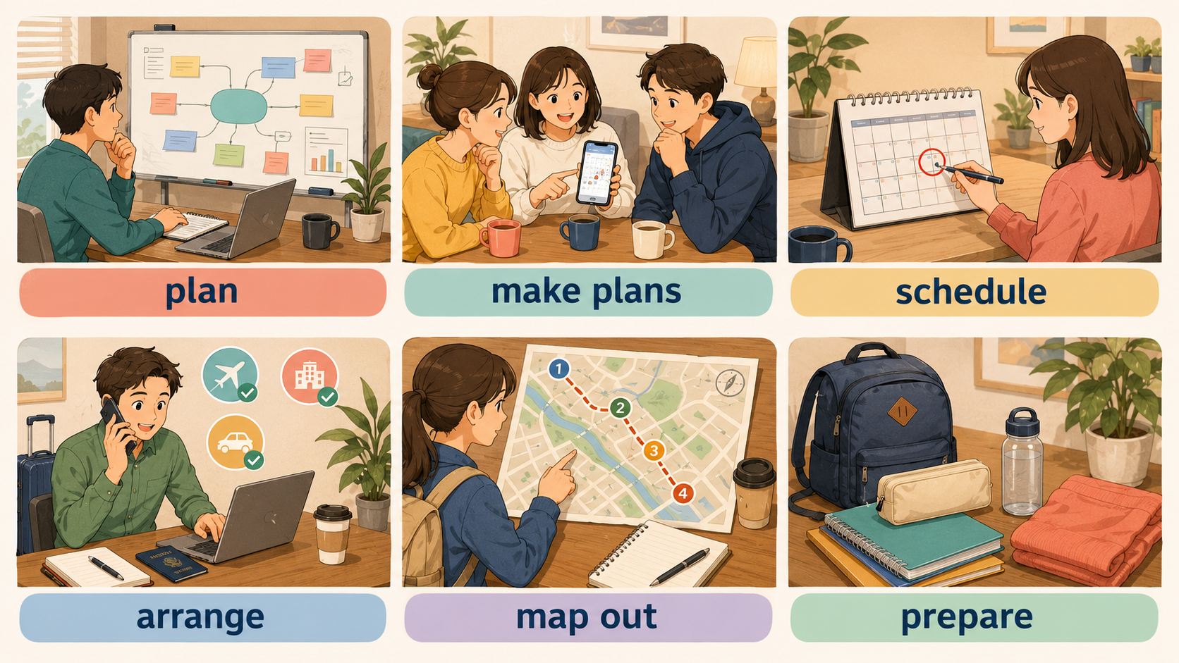 plan・make plans・schedule・arrange・map out・prepareの違いを示す比較イラスト