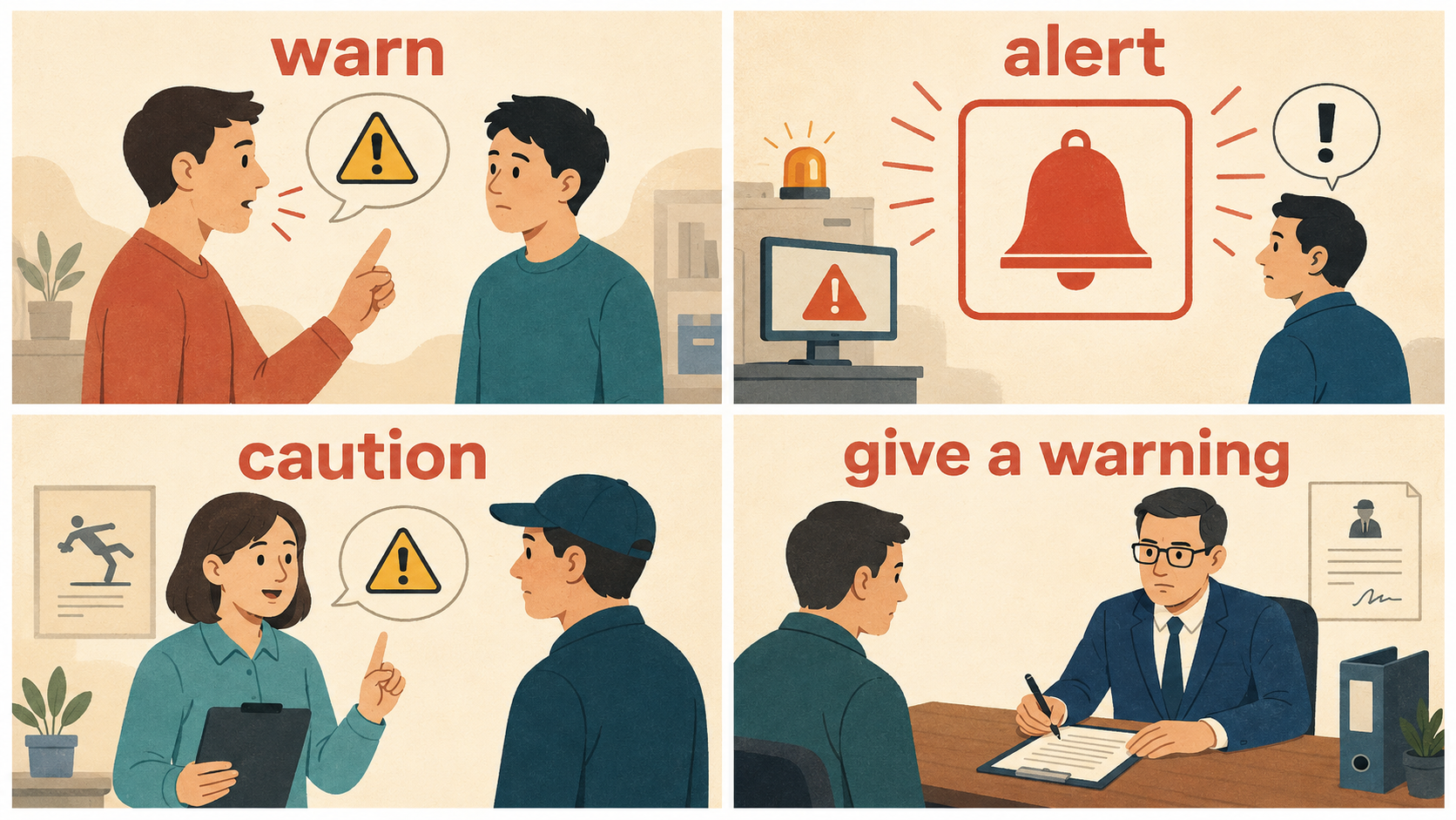 warn・alert・caution・give a warningの使い分け