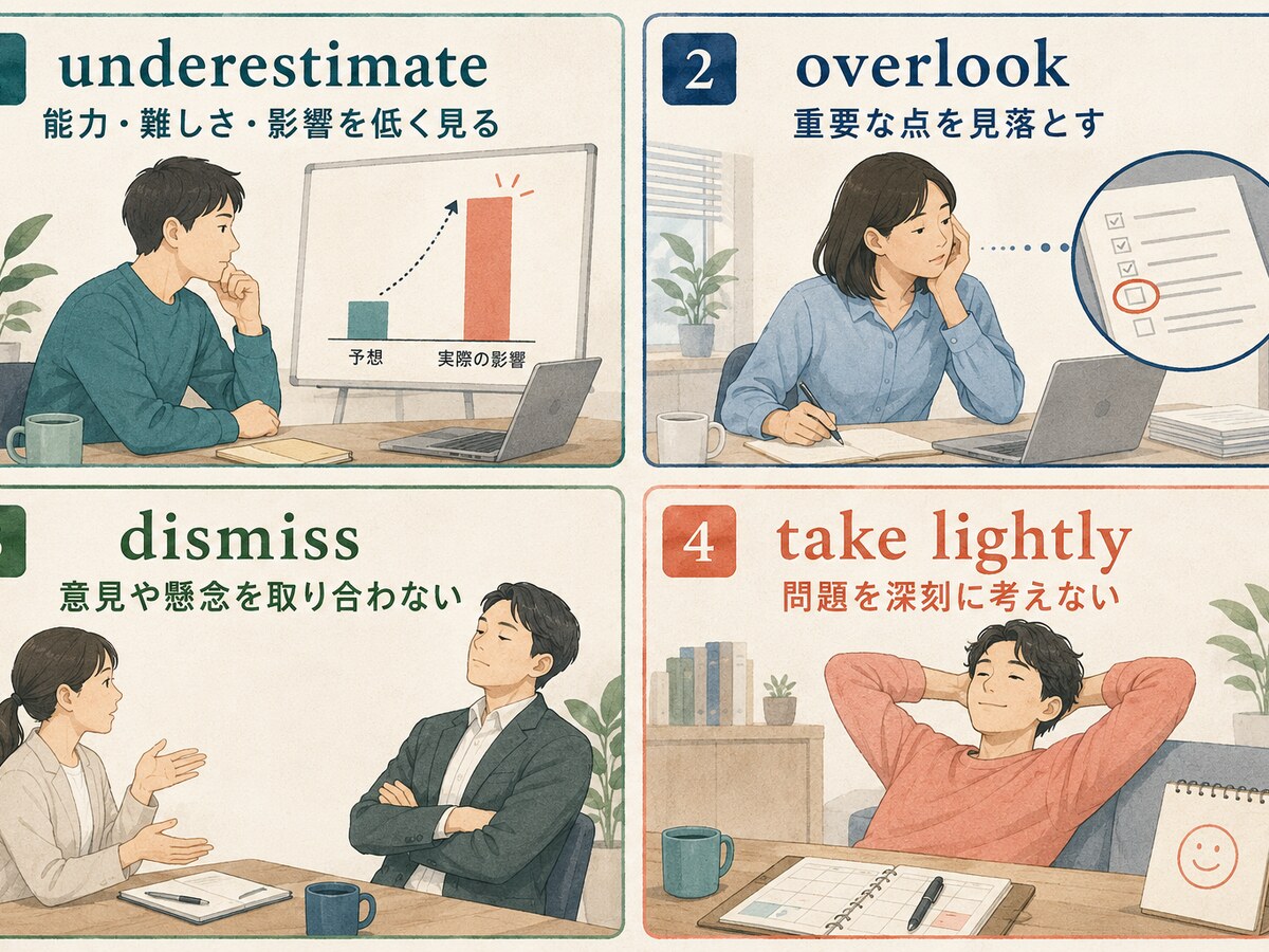 underestimate・overlook・dismiss・take lightlyの使い分け比較