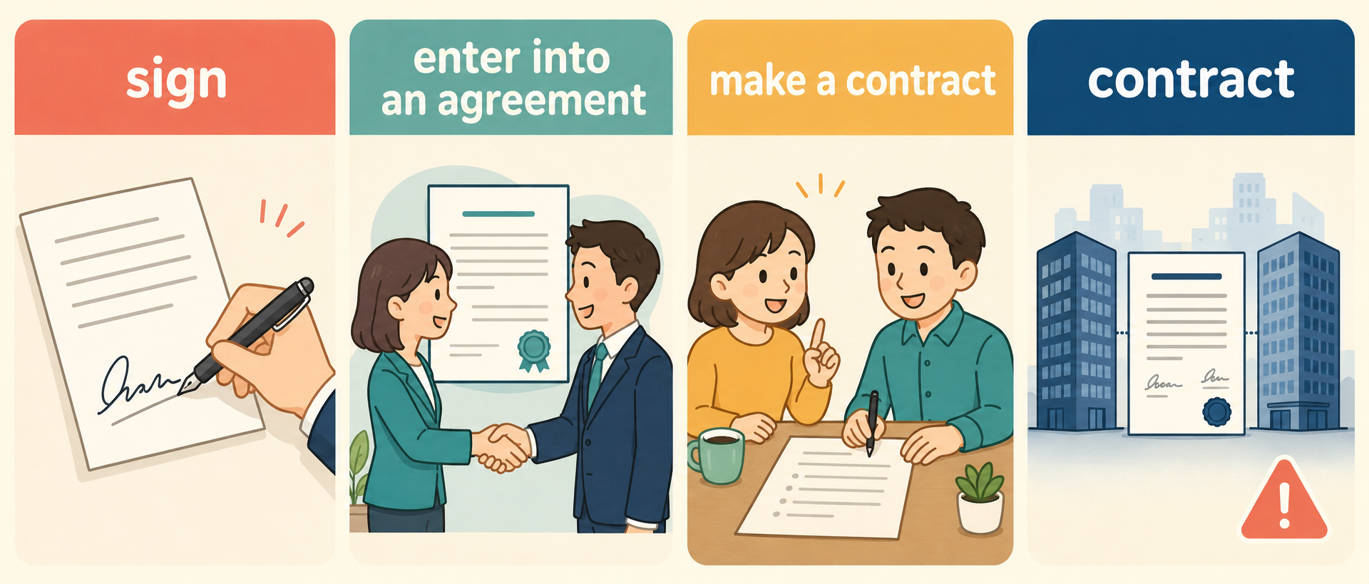 sign・enter into an agreement・make a contract・contractの使い分け