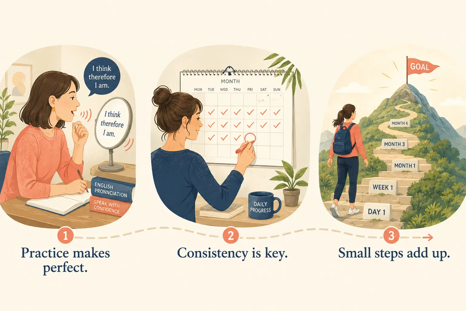 Practice makes perfect、Consistency is key、Small steps add upの使い分け