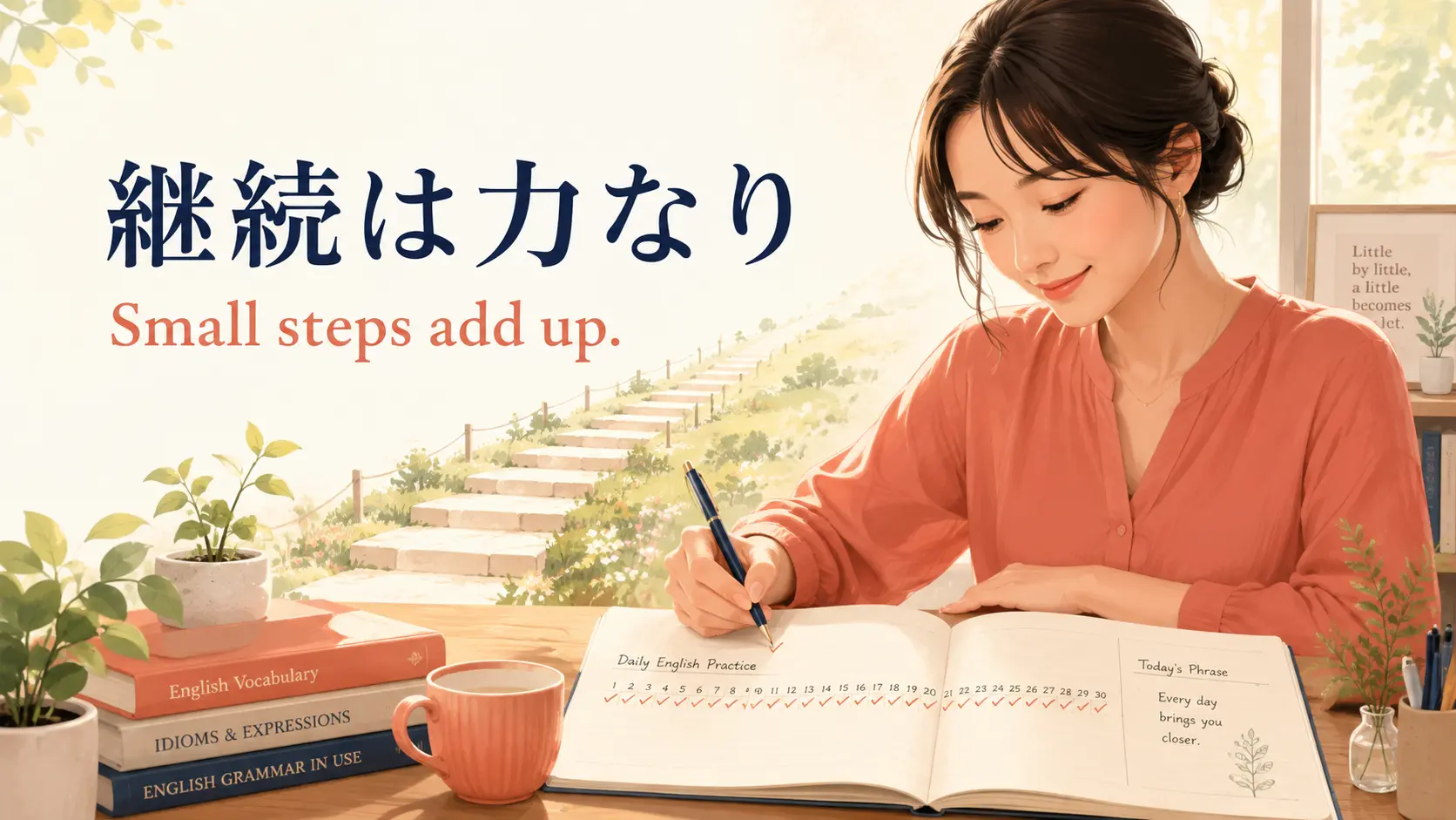 「継続は力なり」を英語で表すSmall steps add upのイラスト