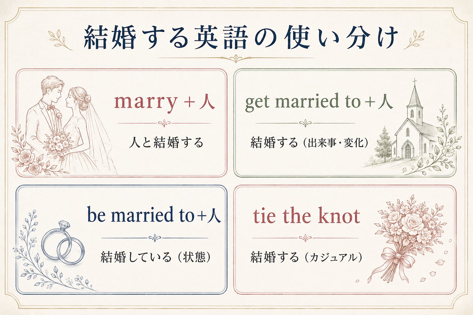 marry・get married・be married・tie the knotの使い分け図