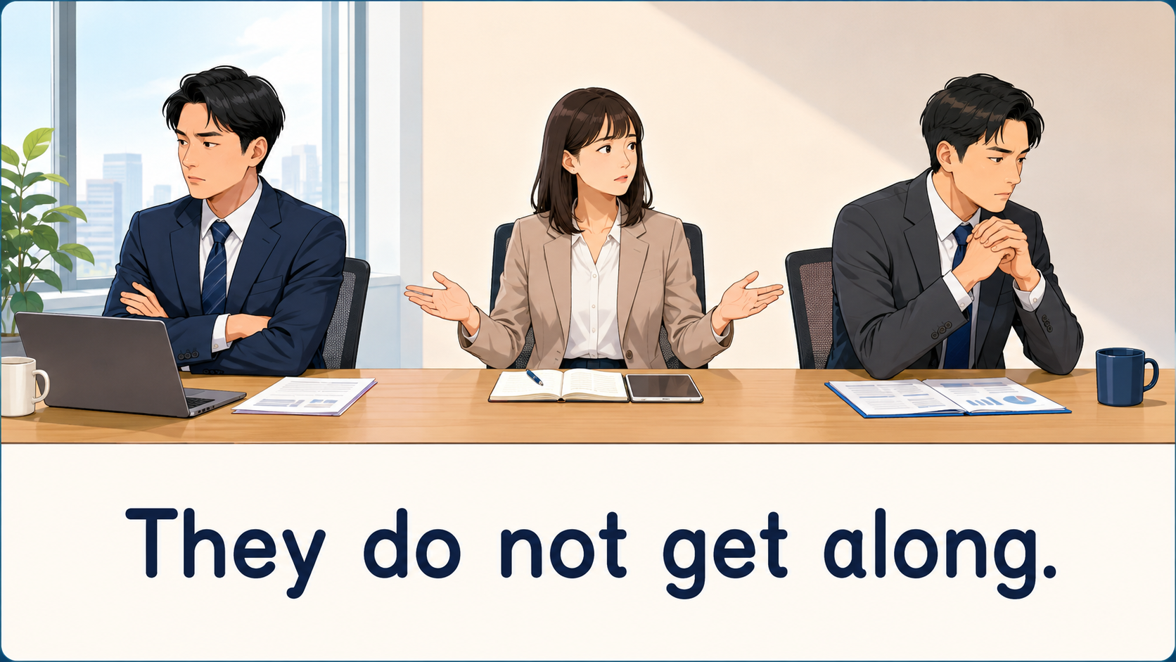 仲が悪い二人と間を取り持つ同僚を簡単な英語で表したイラスト