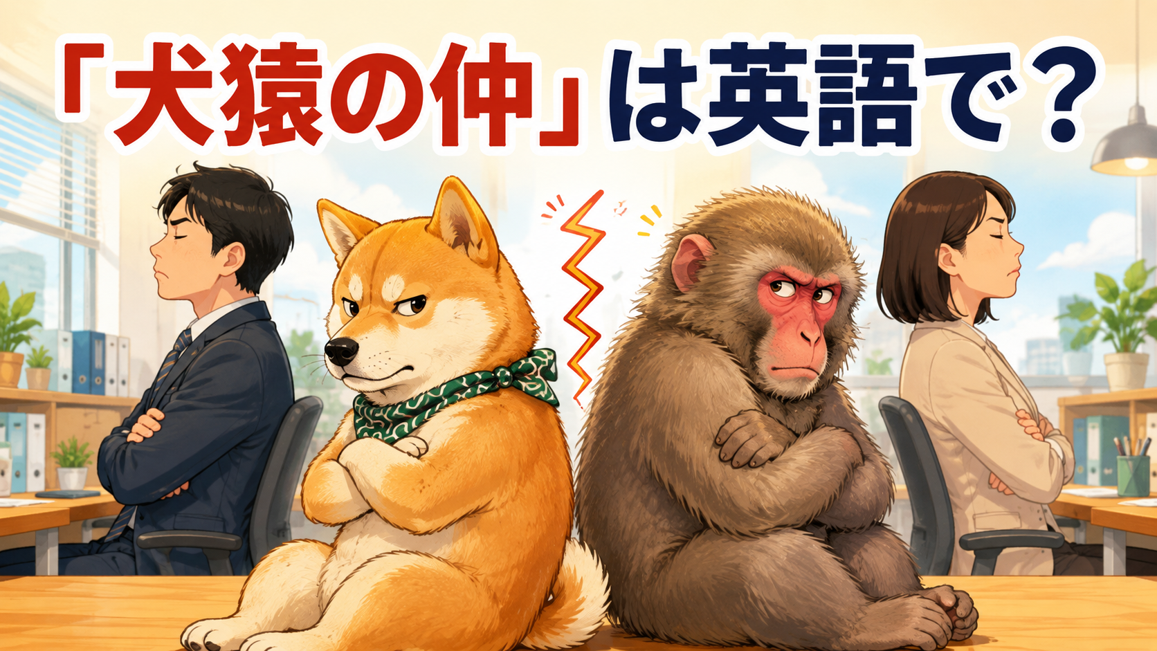 犬と猿、人間の二人が背中合わせになる「犬猿の仲」のイラスト