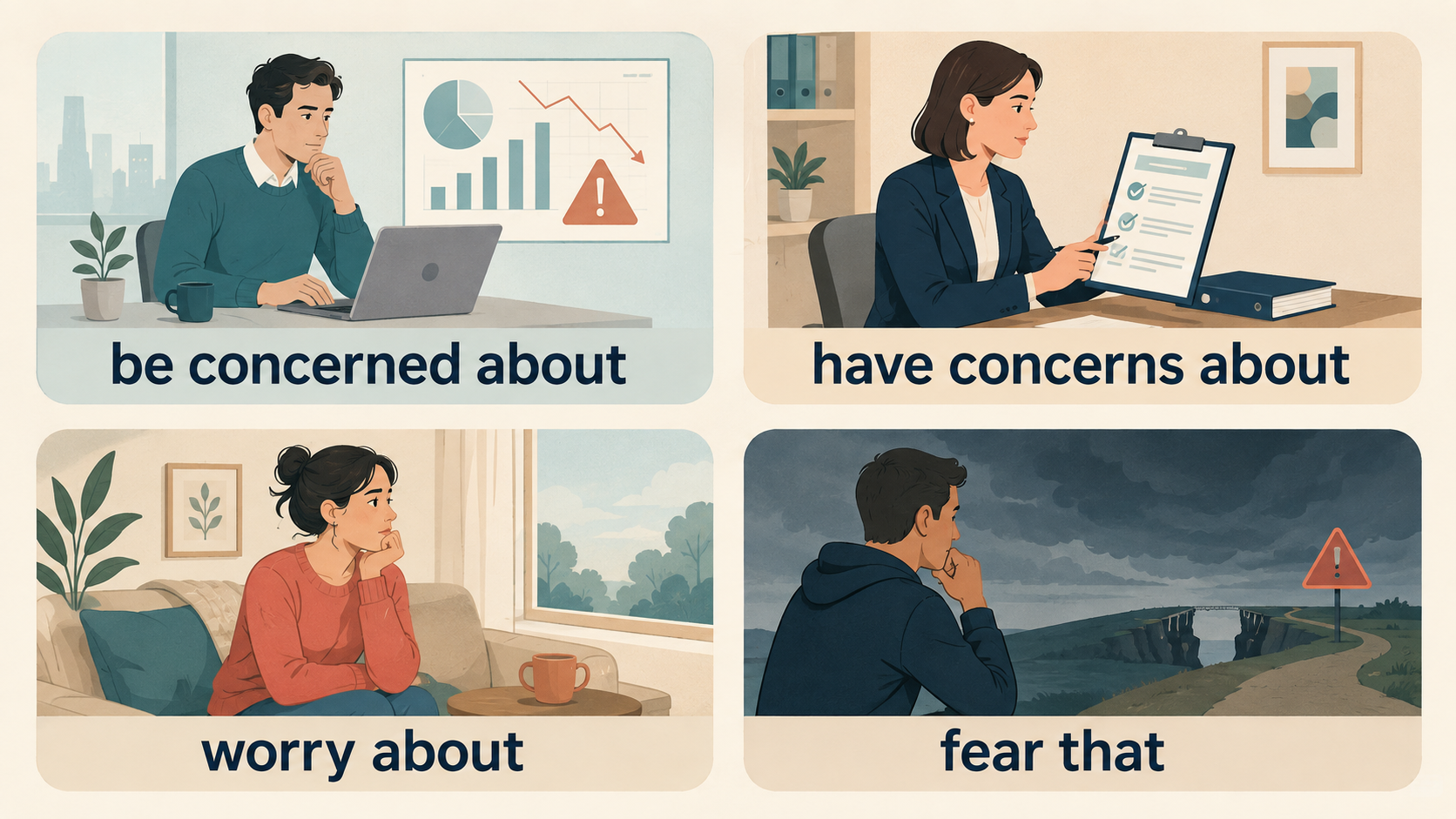 be concerned about・have concerns about・worry about・fear thatの違いを示すイラスト