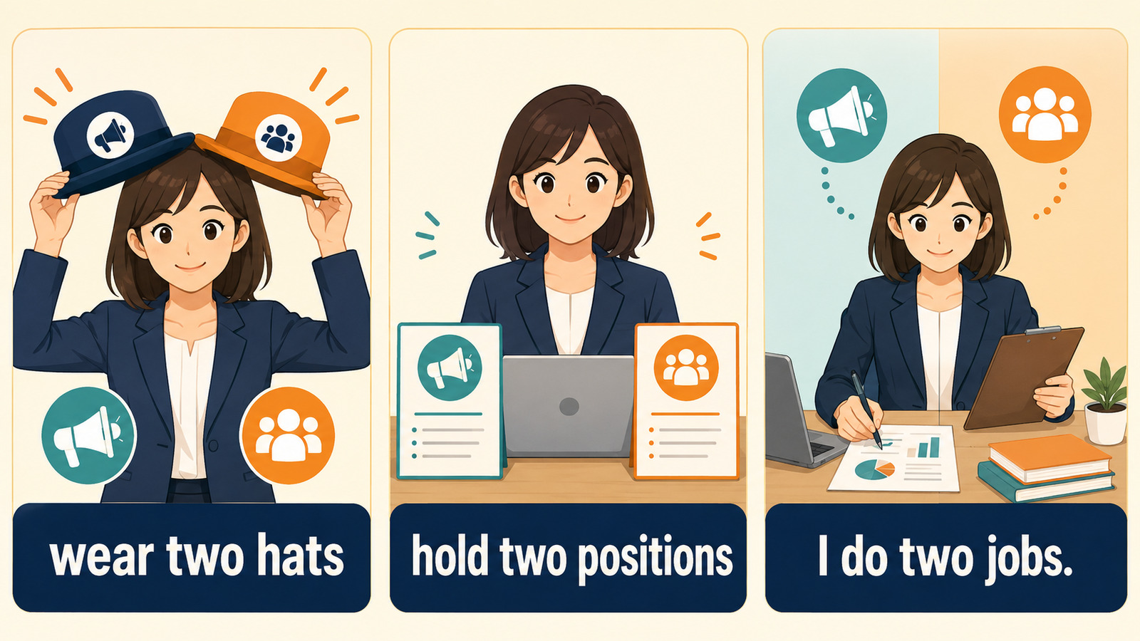 wear two hats、hold two positions、I do two jobsの違い