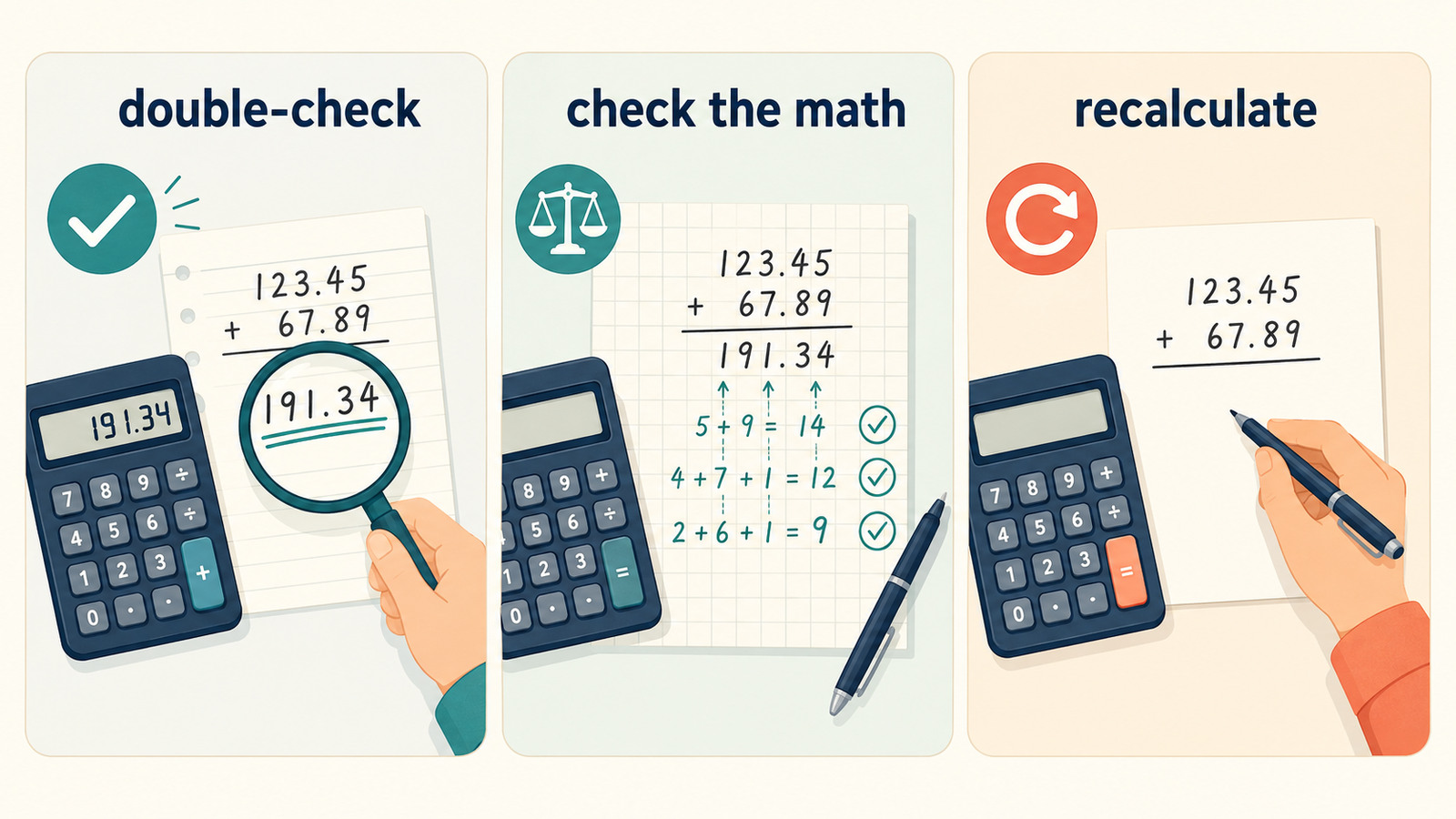 検算するを表すdouble-check・check the math・recalculateの違い